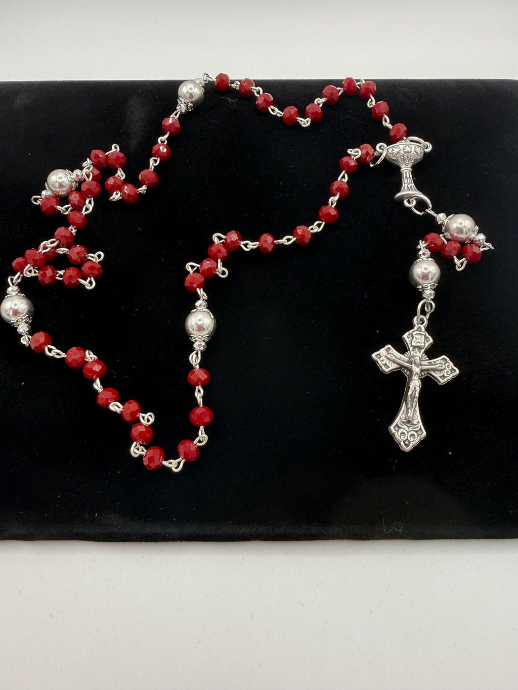 Deep Red Crystal First Communion Rosary – Chalice Centerpiece, Pardon Crucifix