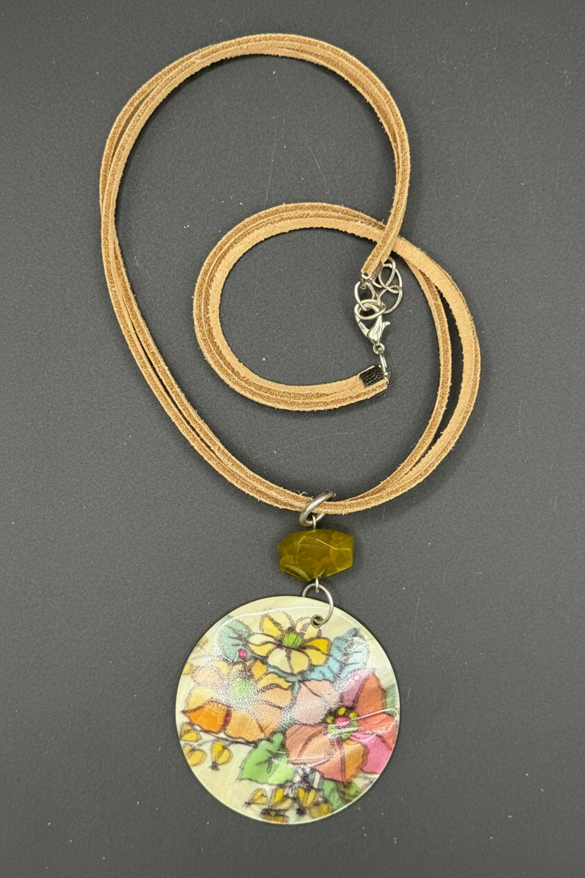 Handmade Floral Pendant Necklace, Artisan Illustrative Flower Pendant with Olive Green Gemstone Accent, Nature Inspired Cord Necklace, Whimsical Botanical Jewelry Gift for Her