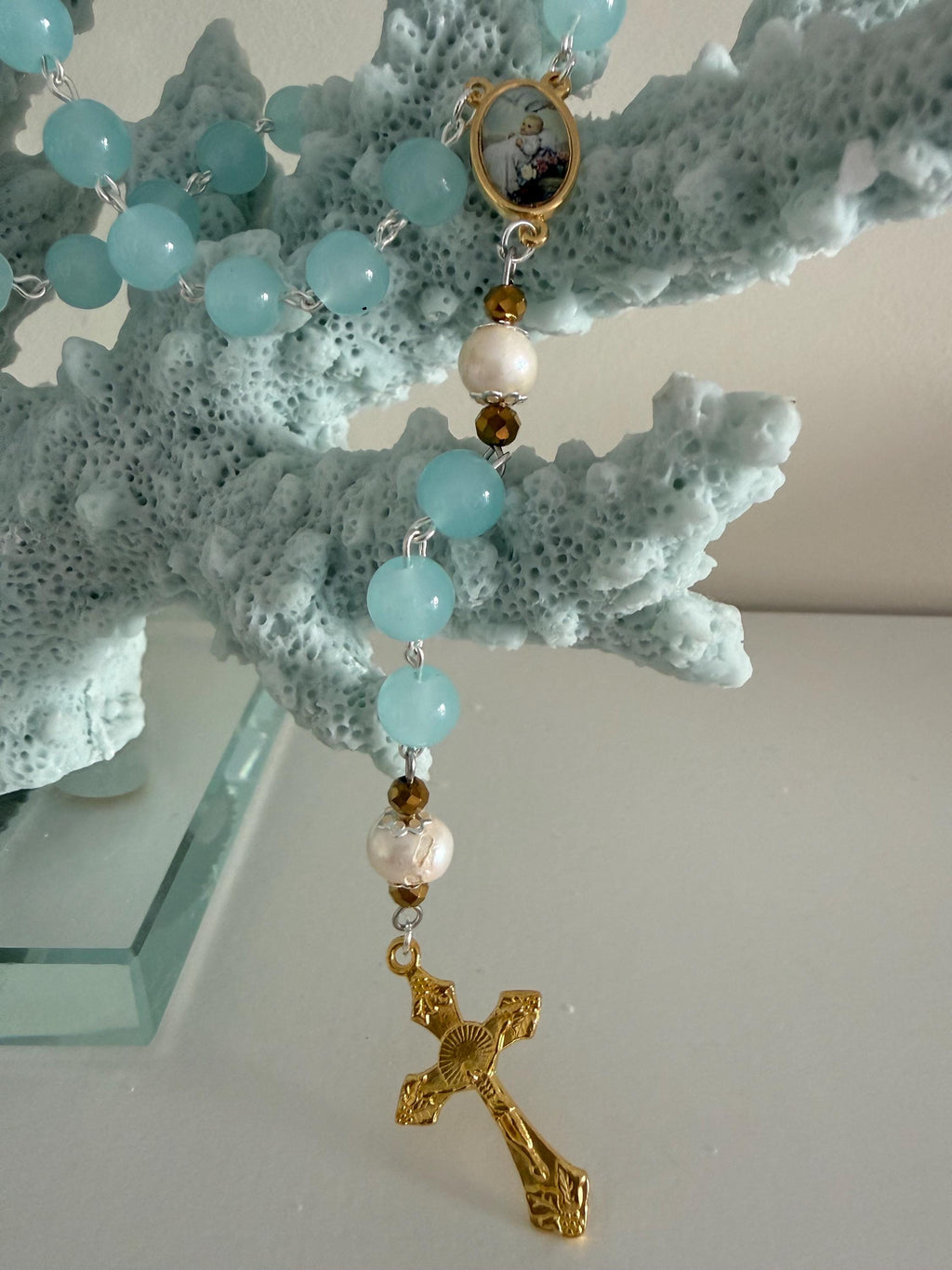 Child Baptism Rosary – Soft Blue Glass Beads, Gold Accents, Marian Centerpiece, Keepsake Christening Rosary