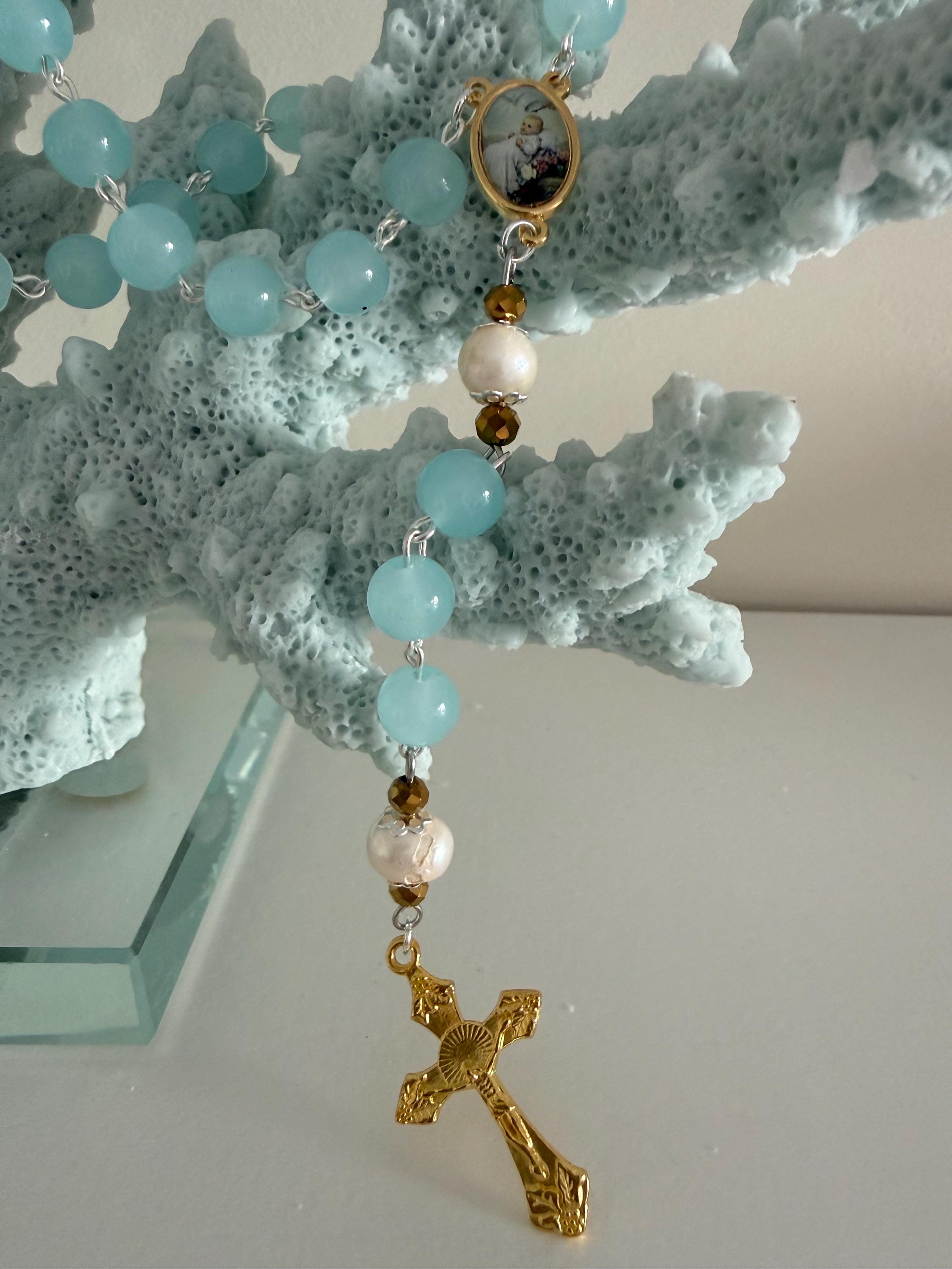 Child Baptism Rosary – Soft Blue Glass Beads, Gold Accents, Marian Centerpiece, Keepsake Christening Rosary