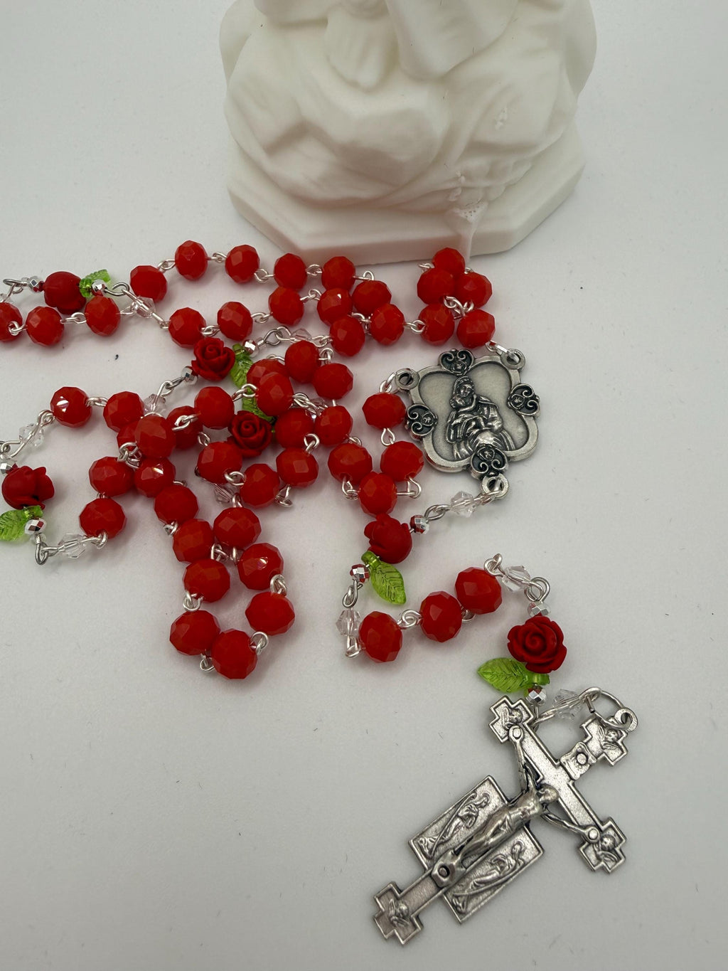 Red Crystal Rosary with Rose Beads - Handmade Devotional Gift