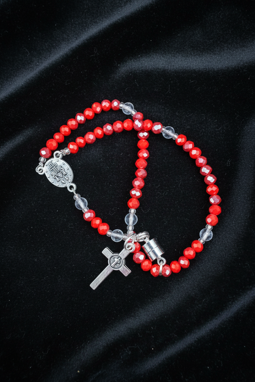 Red Crystal Rosary Bracelet – Miraculous Medal & Silver Crucifix | Handmade Catholic Gift