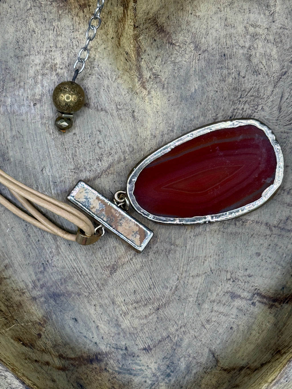 Boho Statement Agate Slice Necklace - Terracotta Orange Stone Pendant on Neutral Cord, Gold Trim, Gift for Her