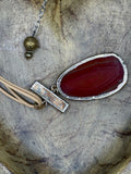 Boho Statement Agate Slice Necklace - Terracotta Orange Stone Pendant on Neutral Cord, Gold Trim, Gift for Her
