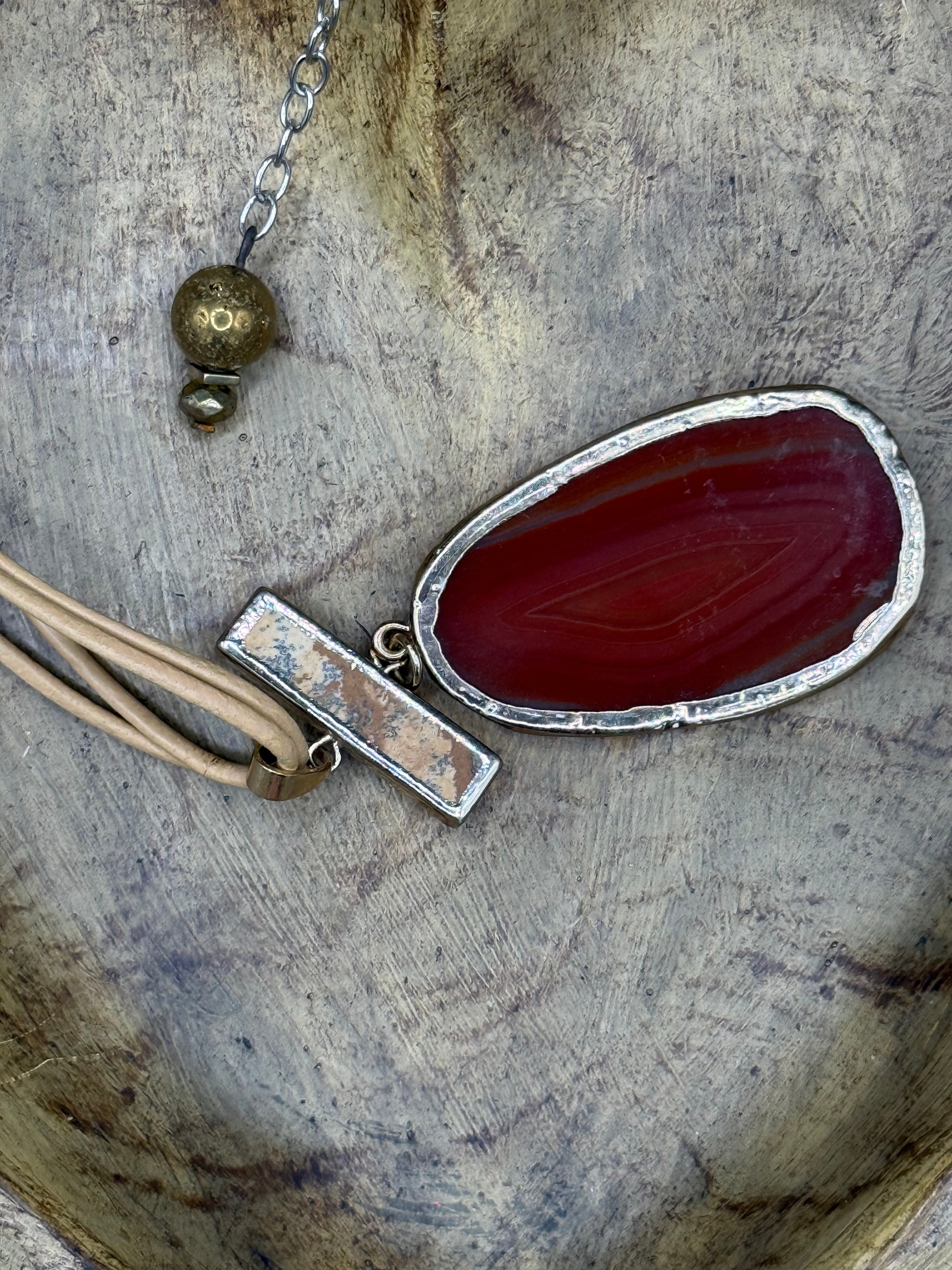 Boho Statement Agate Slice Necklace - Terracotta Orange Stone Pendant on Neutral Cord, Gold Trim, Gift for Her
