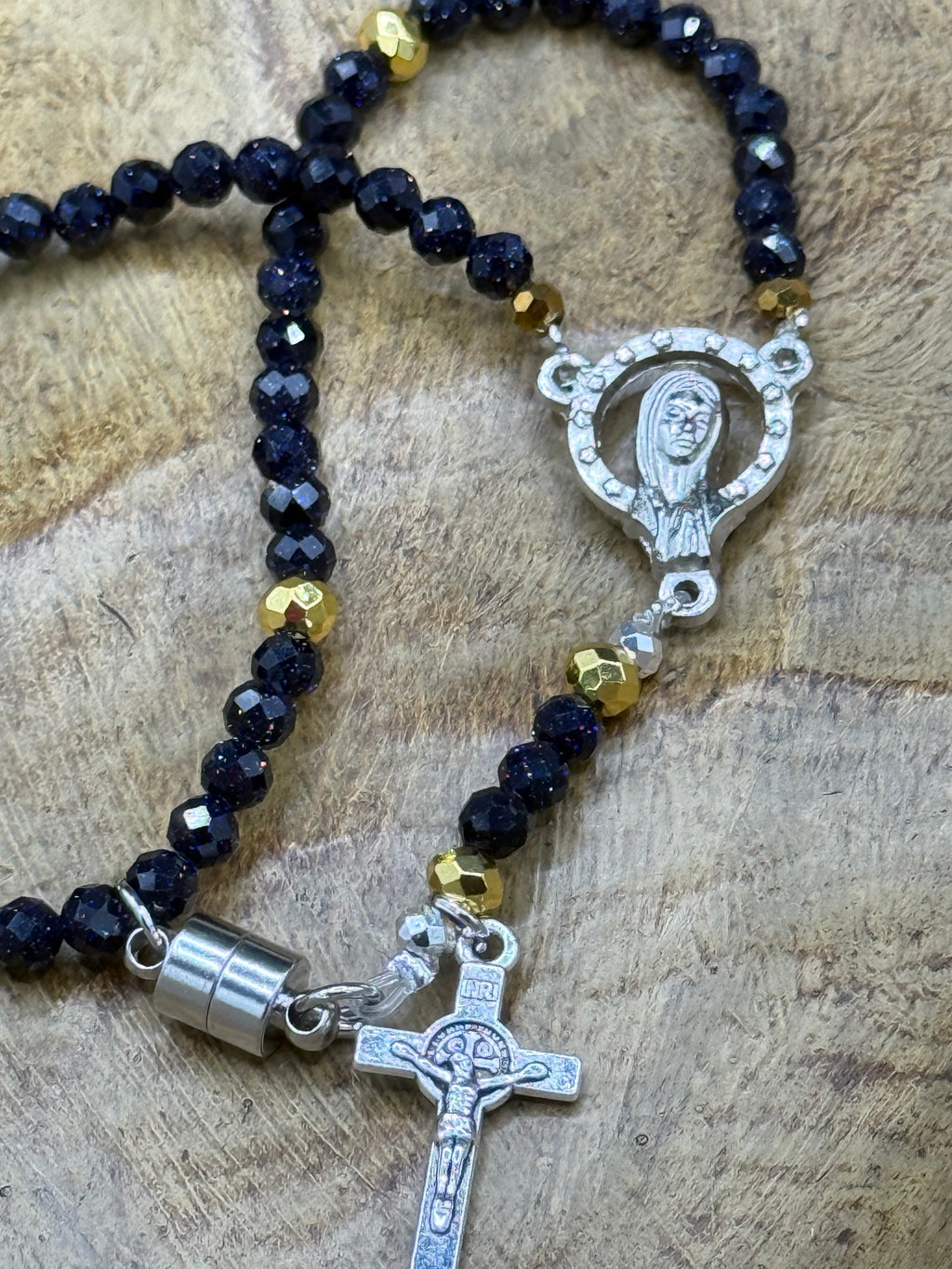 Gemstone Rosary Bracelet • Catholic Decade Prayer Bracelet • Mother Mary & Crucifix Charm - Magnetic Clasp