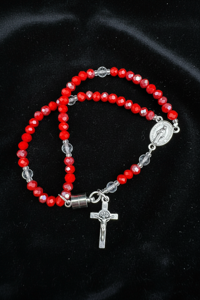 Red Crystal Rosary Bracelet – Miraculous Medal & Silver Crucifix | Handmade Catholic Gift