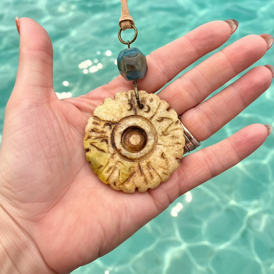Handcrafted Bohemian Stone Pendant Necklace | Earthy Carved Disc & Agate Bead on Suede Cord