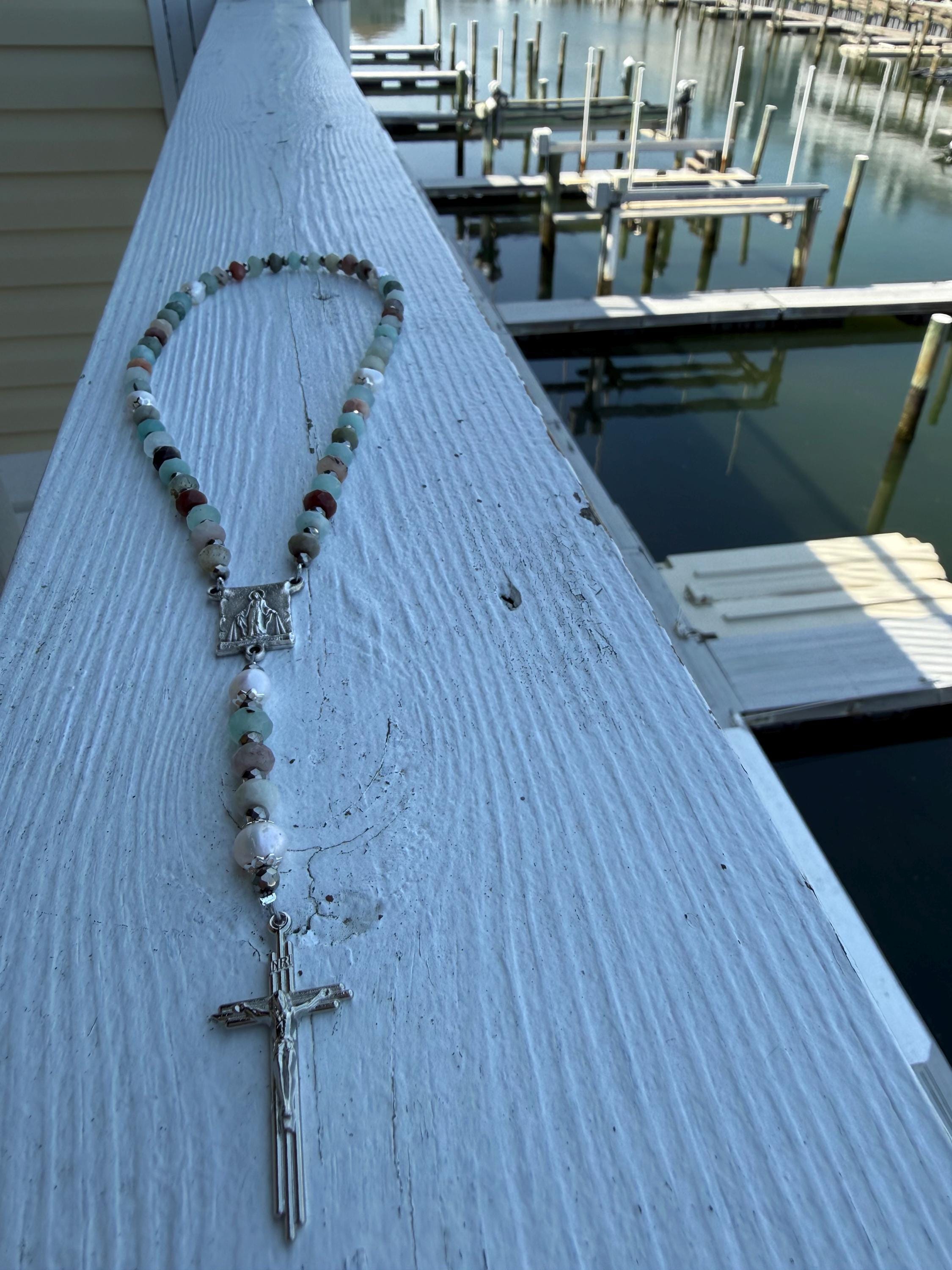 Title: Earth and Sea Natural Stone Rosary with Triple Nail Crucifix