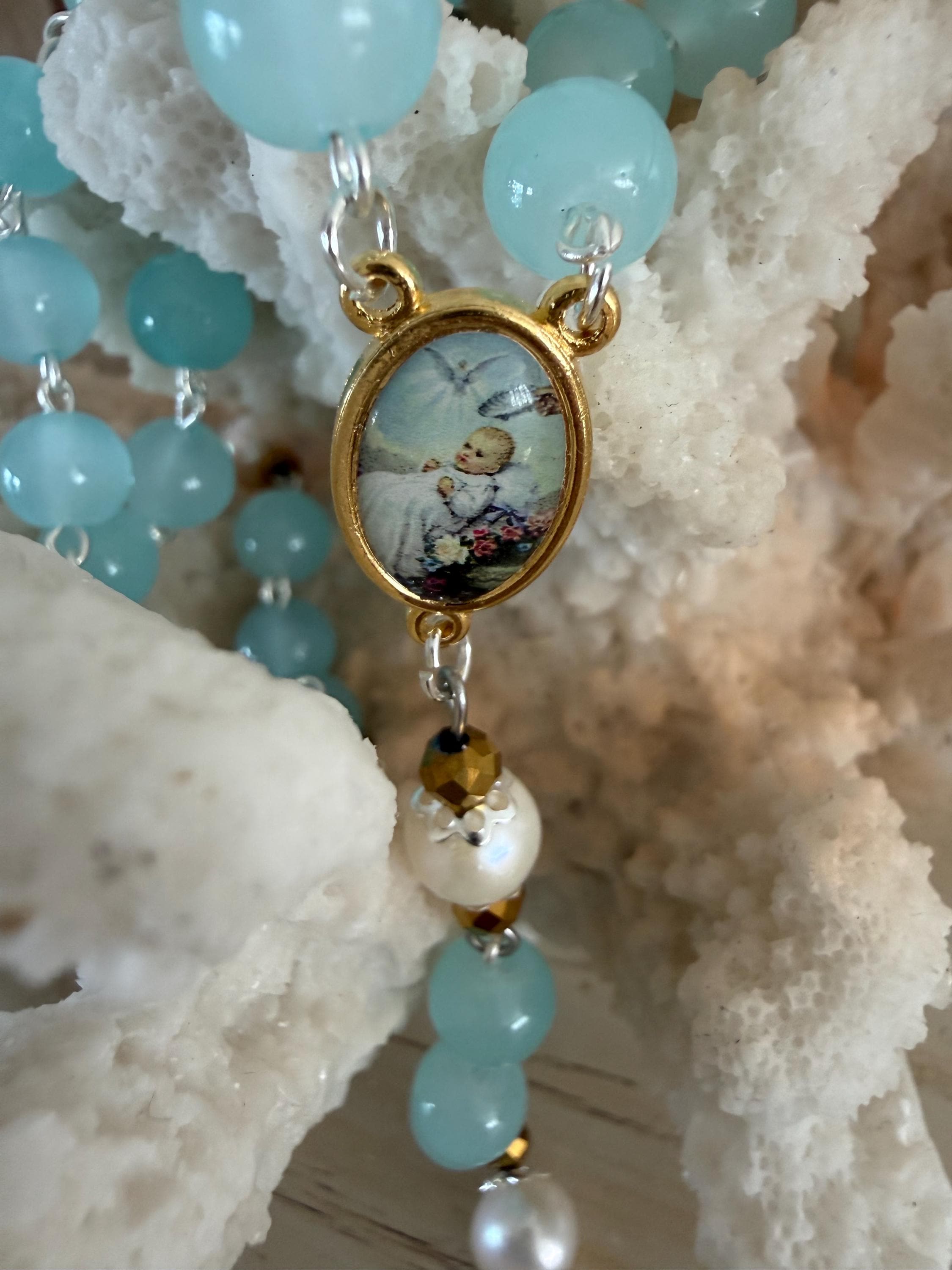 Child Baptism Rosary – Soft Blue Glass Beads, Gold Accents, Marian Centerpiece, Keepsake Christening Rosary