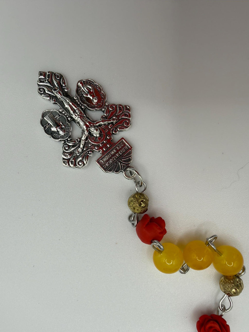 Yellow Glass Bead Rosary With Red Rose Accents, Our Lady of Guadalupe Center