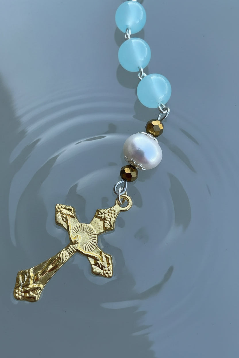 Child Baptism Rosary – Soft Blue Glass Beads, Gold Accents, Marian Centerpiece, Keepsake Christening Rosary
