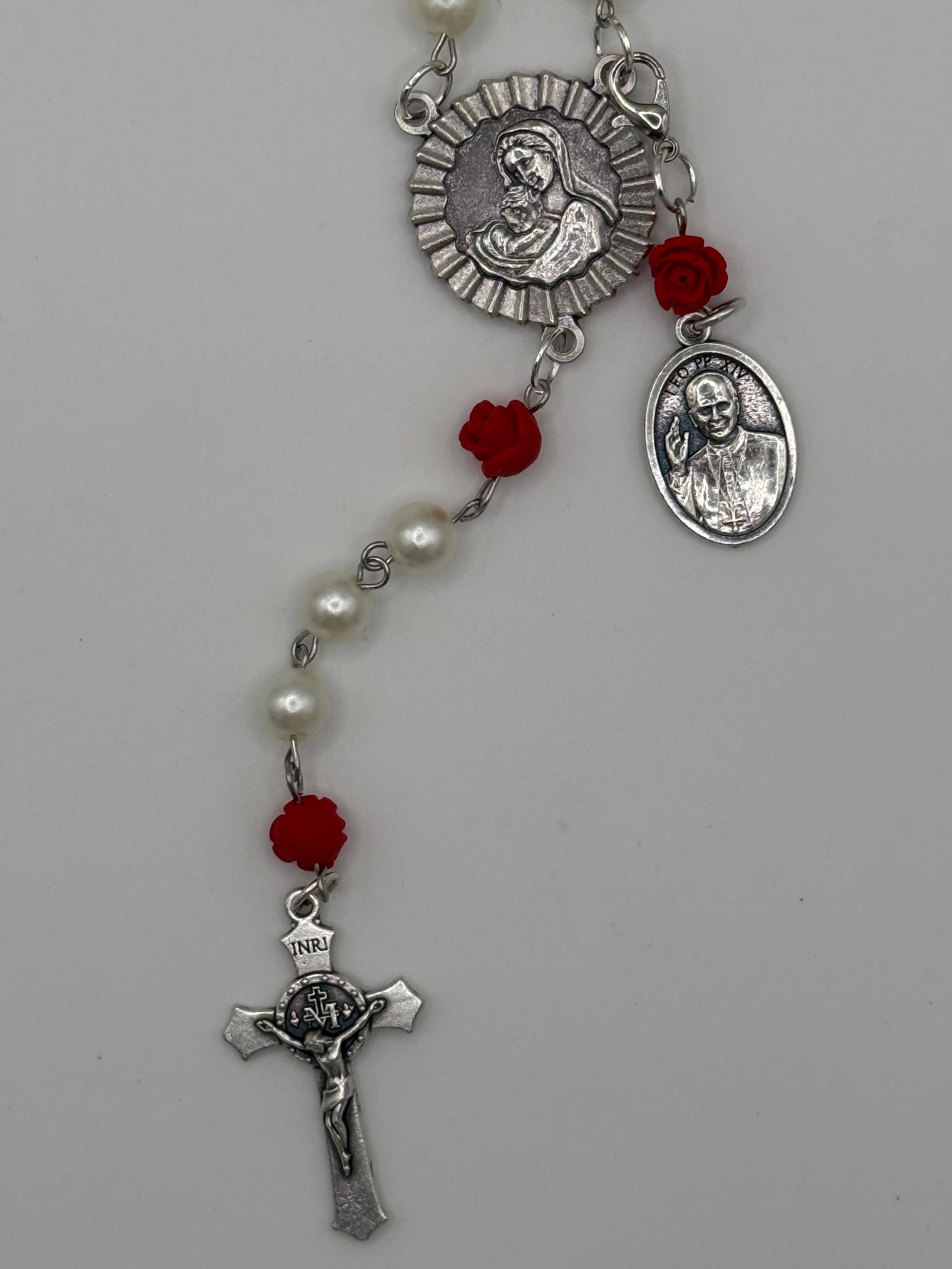Pearl Like and Red Rose Handmade Rosary Catholic with Madonna Center & Crucifix Gift
