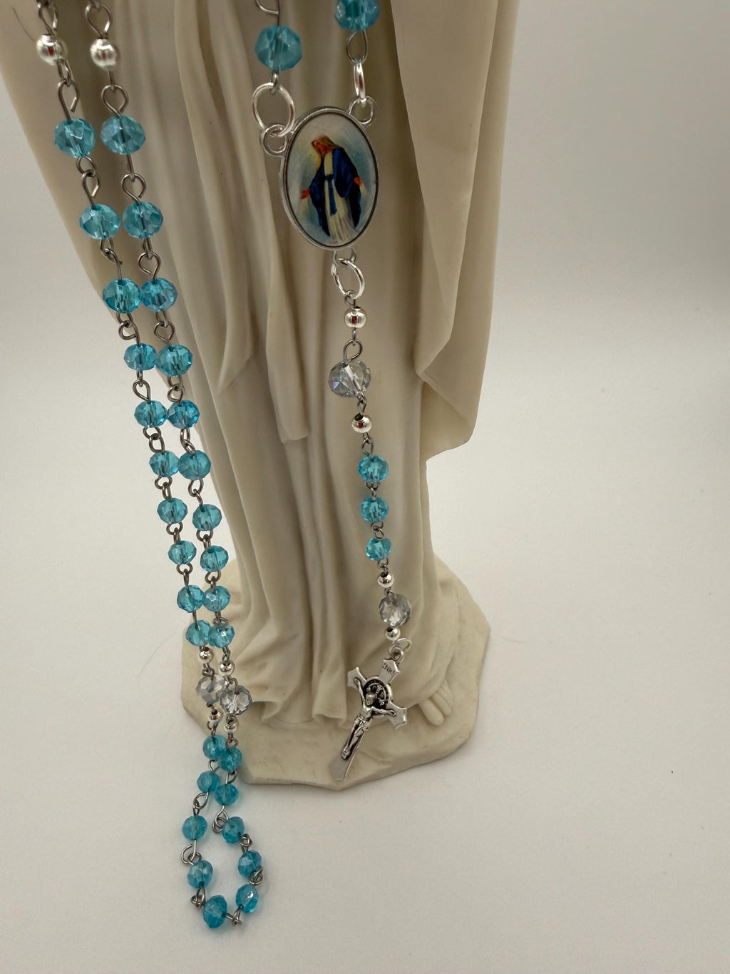 Light Blue Crystal Rosary with Mother Mary Centerpiece.