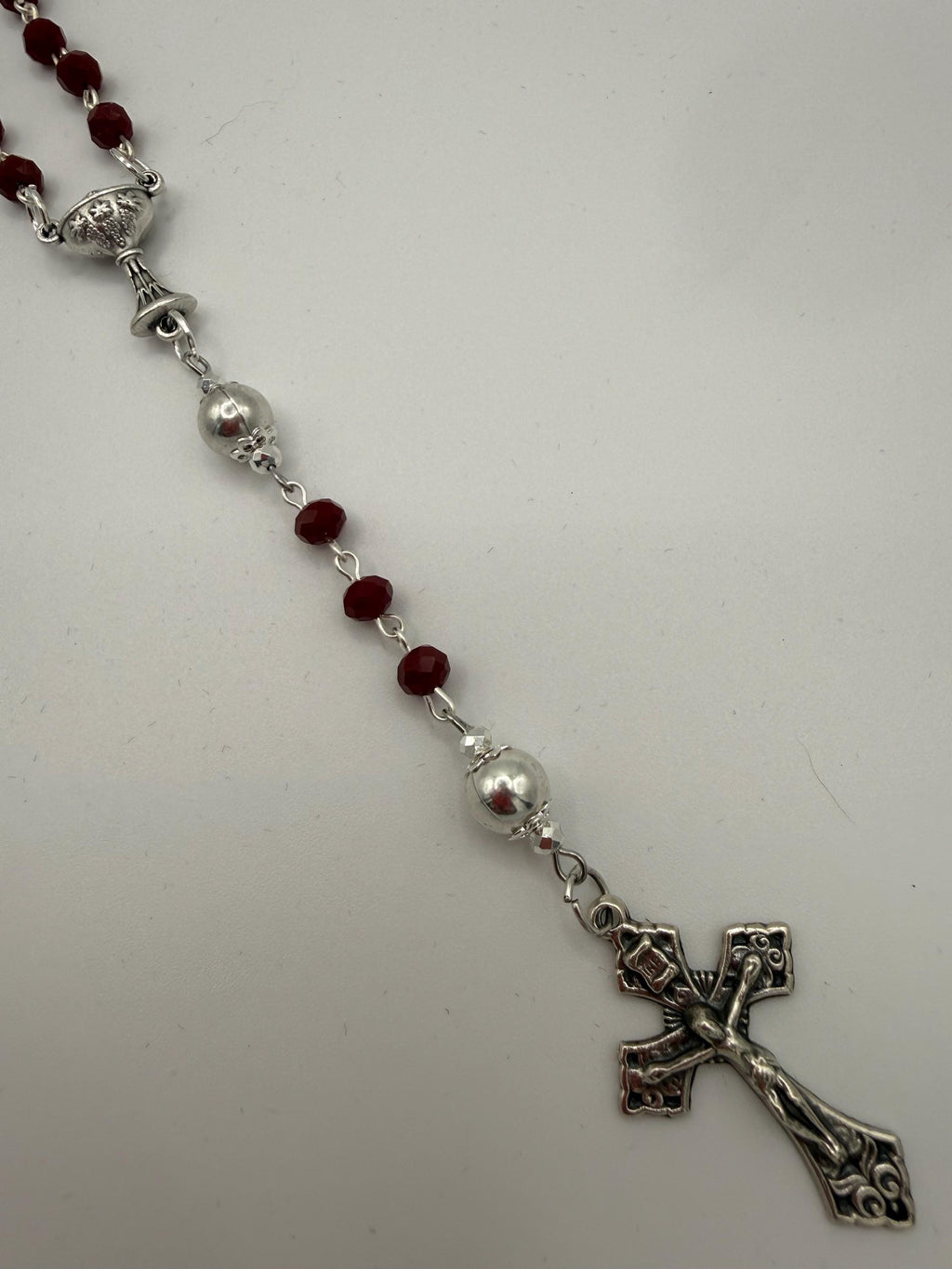 Title: First Communion Red Crystal Rosary - Chalice Centerpiece and Pardon Crucifix