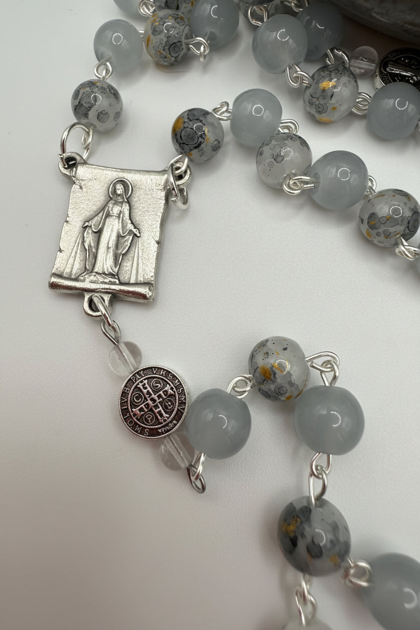 Gray Glass Rosary, Miraculous Medal, St. Benedict Accents, Silver Crucifix