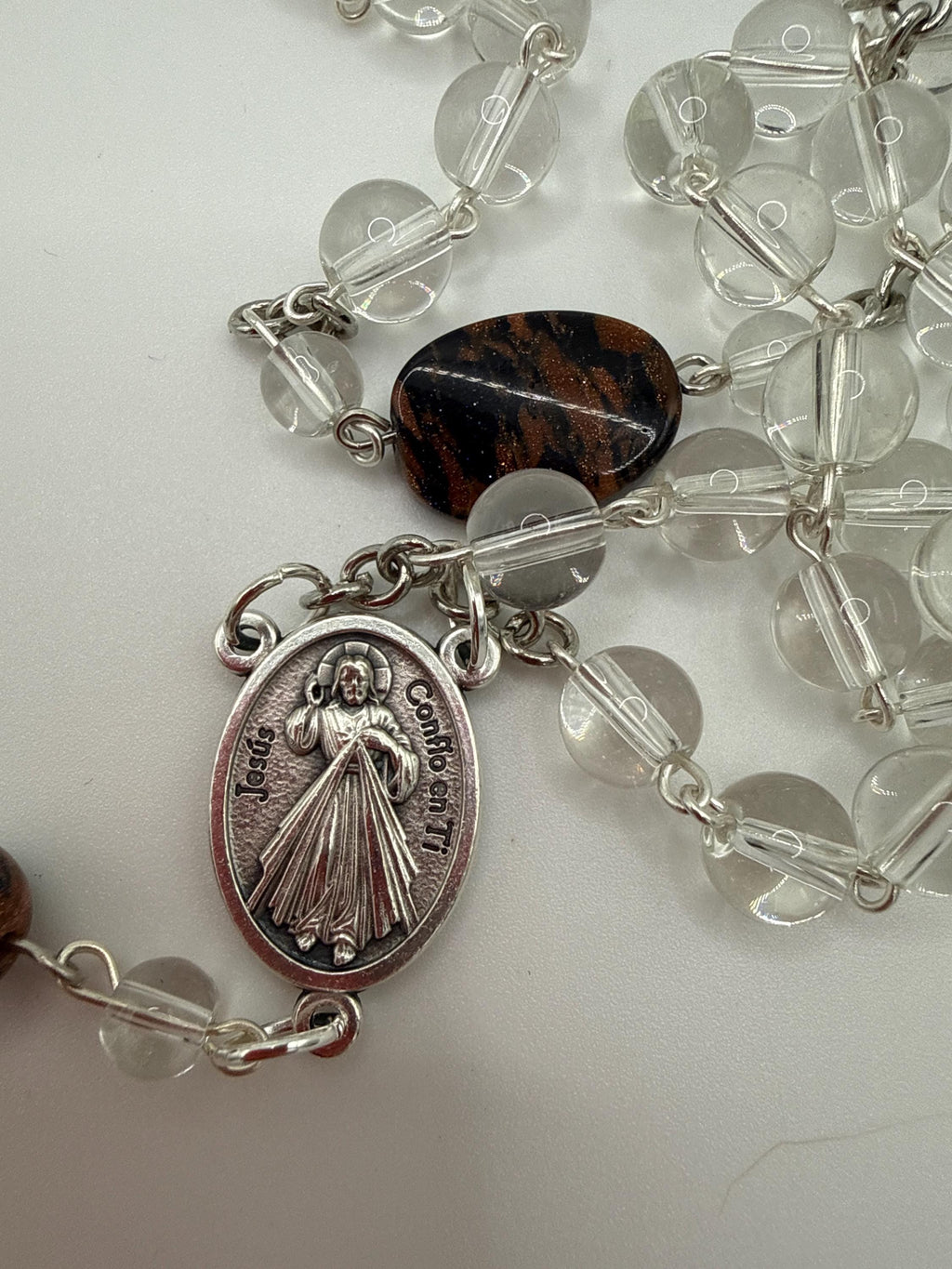 Clear Glass Rosary Featuring Sandstone Accent Bead