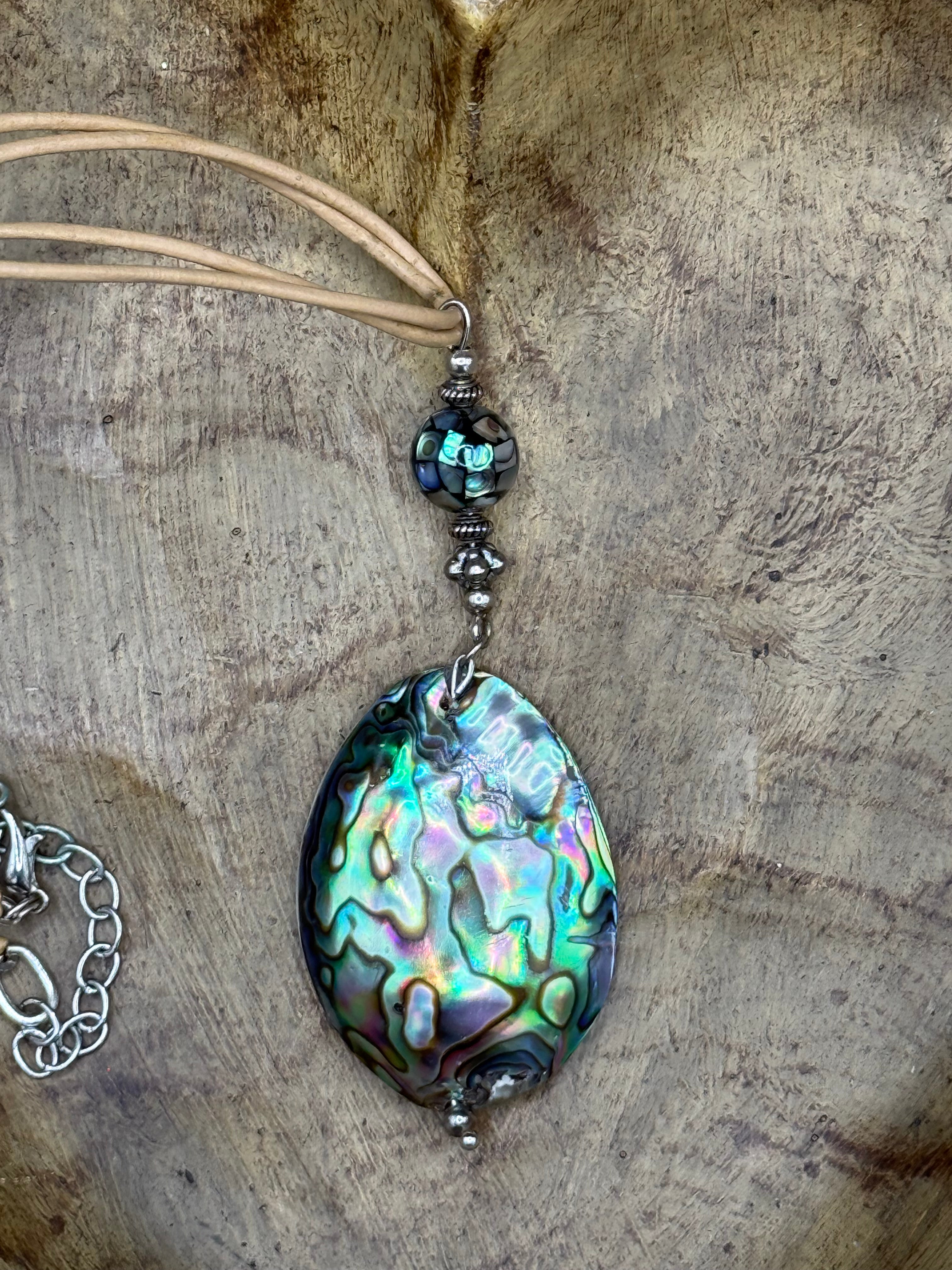 Natural Abalone Shell Pendant Necklace with Tan Leather Cord