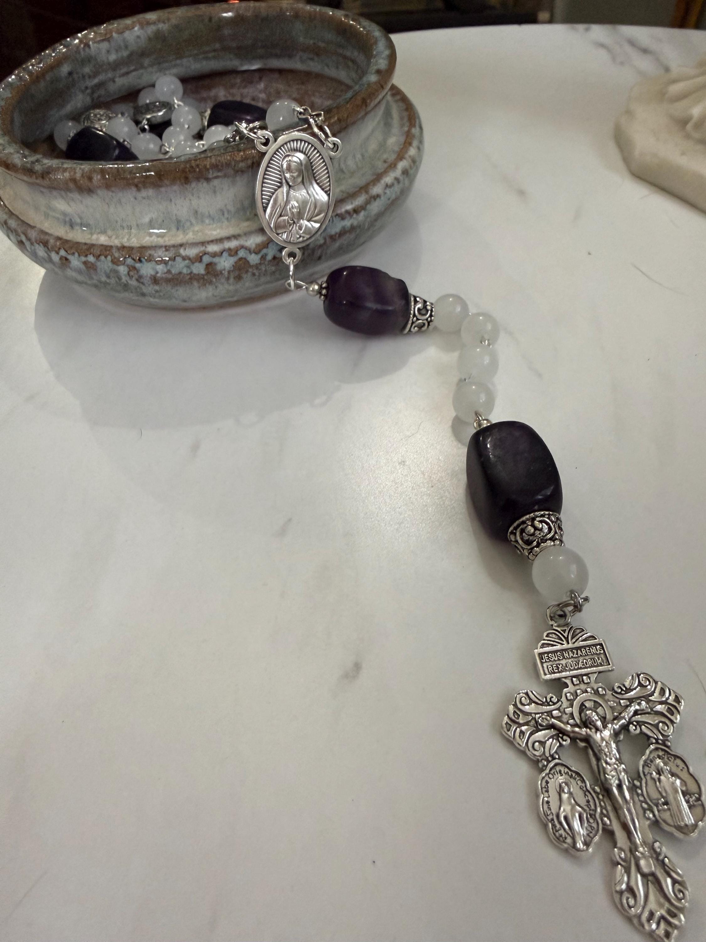White Catholic Rosary with Glass and Amethyst Beads
