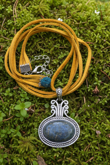Boho Lapis Lazuli Oval Pendant Necklace, Ornate Silver Framed Blue Gemstone Charm, Double Strand Yellow-Ochre Suede Cord, Tribal Artisan Statement Jewelry