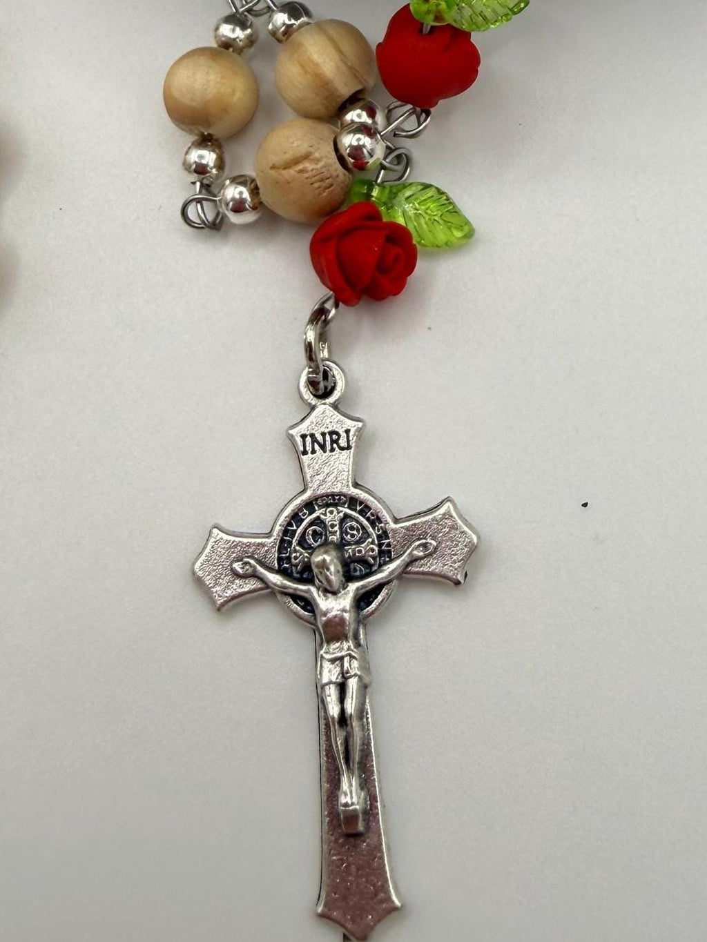 Wooden Rosary, Silver-toned Spacers, Red Rose  “Our Father Beads”