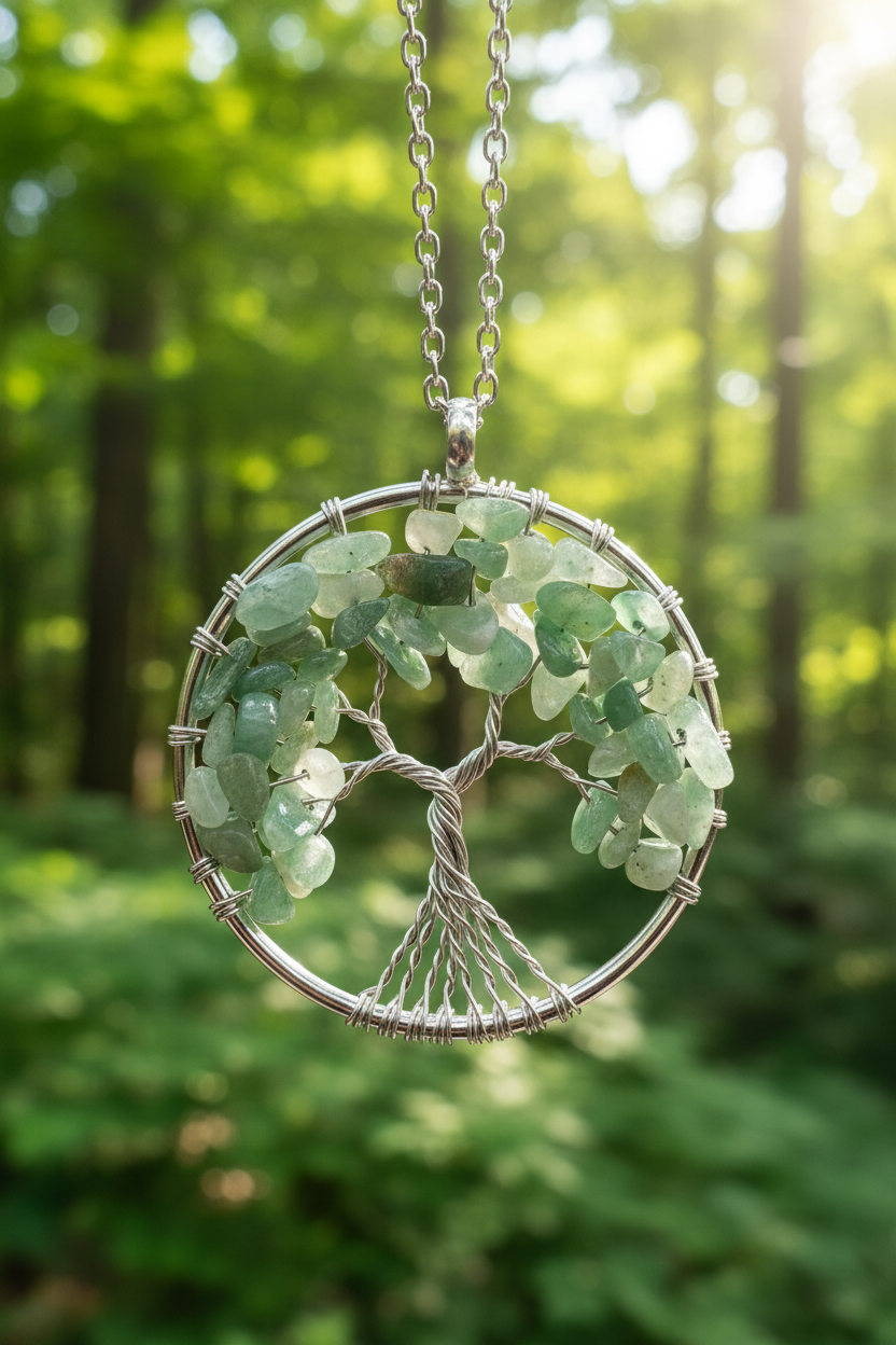 Wire Wrapped Green Aventurine Tree of Life Pendant Necklace • Silver Chain Boho Jewelry