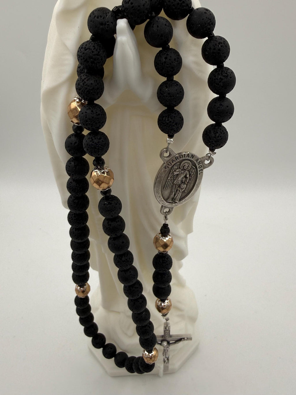 Men's Lava Rock Rosary - Silver Guardian Angel & INRI Crucifix - Essential Oil Diffuser Rosary