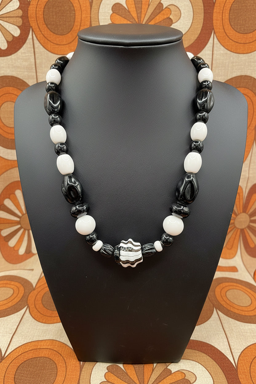 Vintage Monochrome Art Glass Statement Necklace | Black & White Striped Beaded Choker