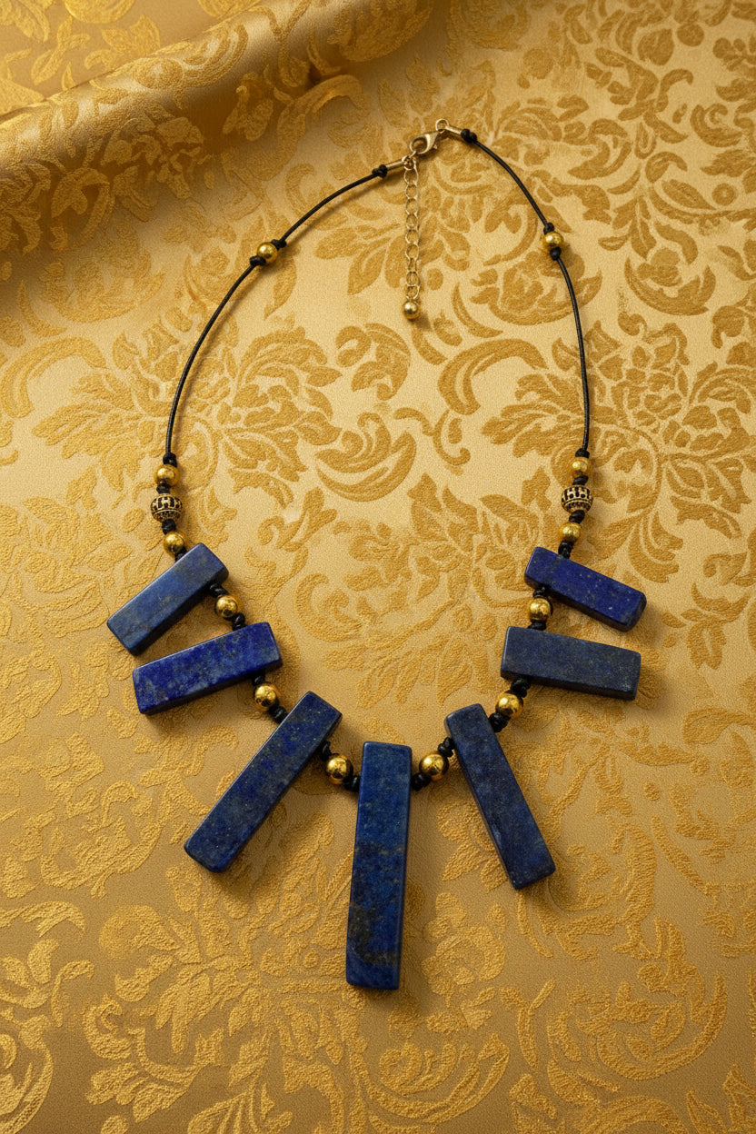 Lapis Lazuli Statement Necklace With Pyrite Gold Beads, Boho Artisan