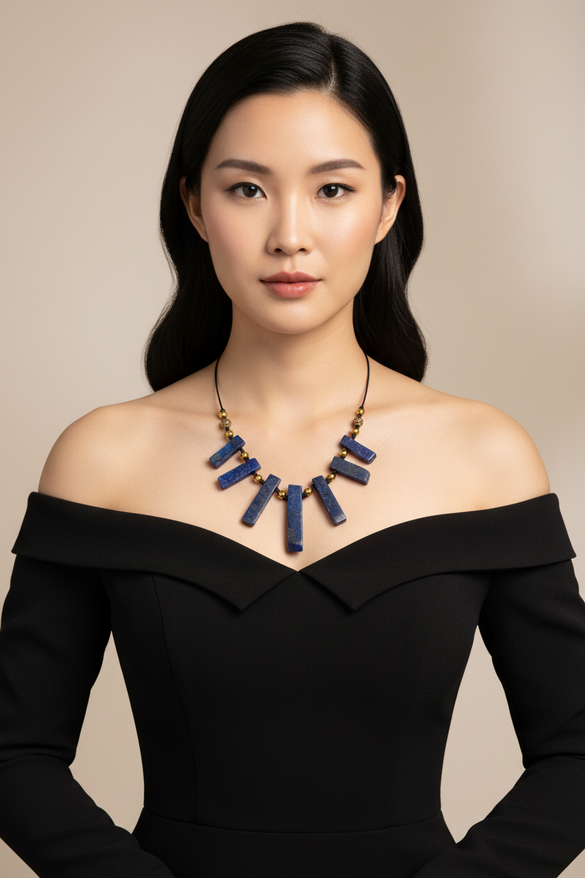 Lapis Lazuli Statement Necklace With Pyrite Gold Beads, Boho Artisan