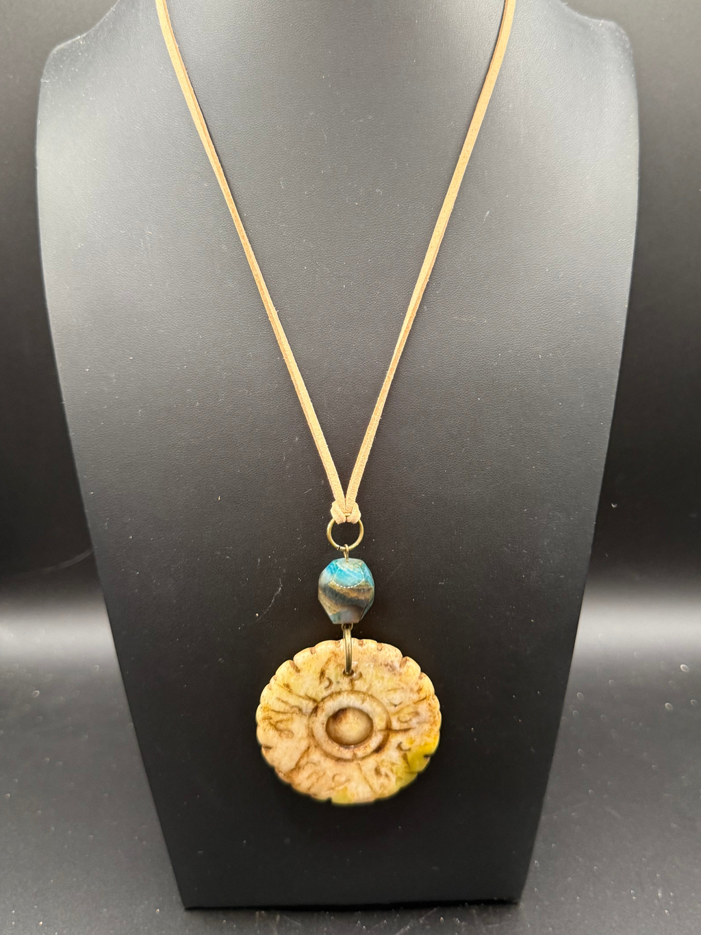 Handcrafted Bohemian Stone Pendant Necklace | Earthy Carved Disc & Agate Bead on Suede Cord