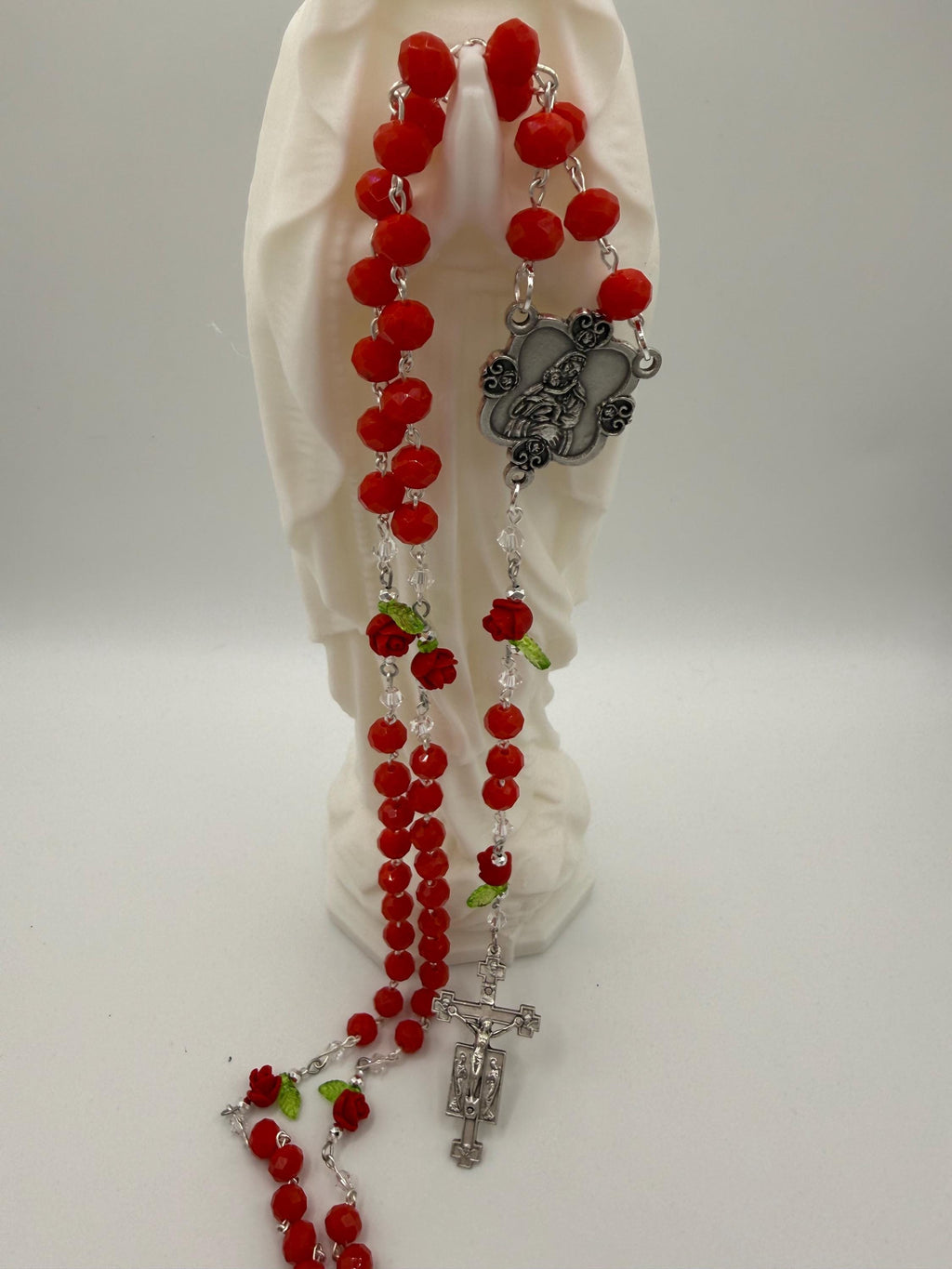 Red Crystal Rosary with Rose Beads - Handmade Devotional Gift