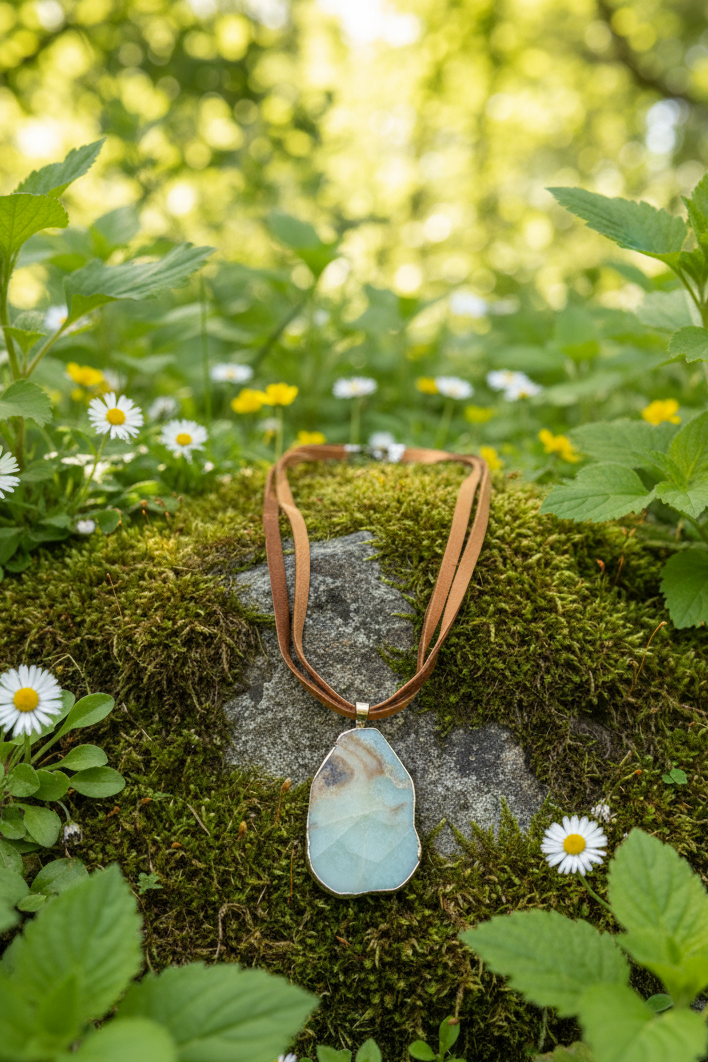 Natural Amazonite Stone Slice Pendant Necklace | Genuine Green Gemstone on Brown Leather Cord | Boho Chic Jewelry | Earthy Handmade Gift for