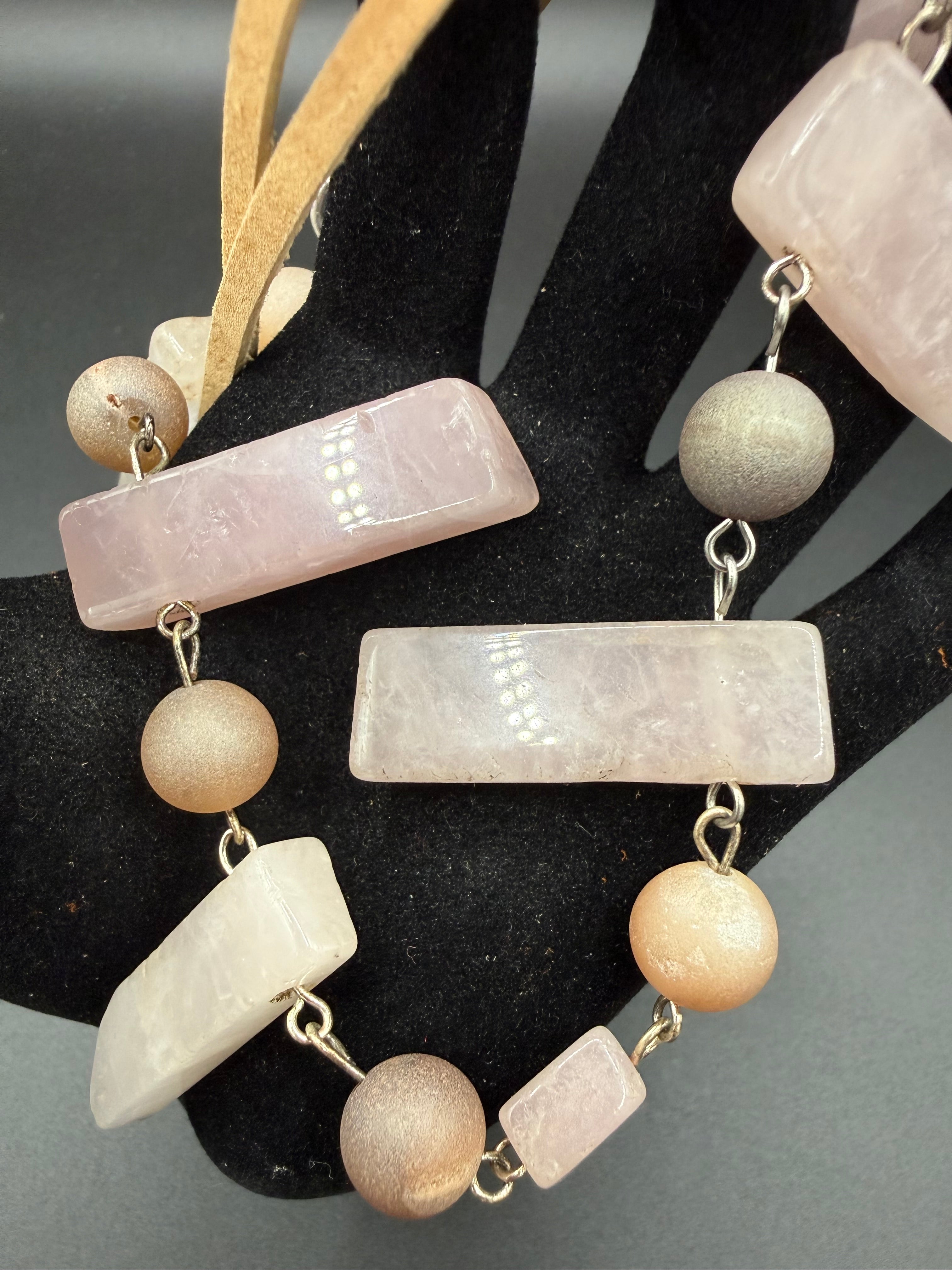 Rose Quartz Bib Necklace | Natural Stone Slab Statement Necklace | Boho Crystal Jewelry