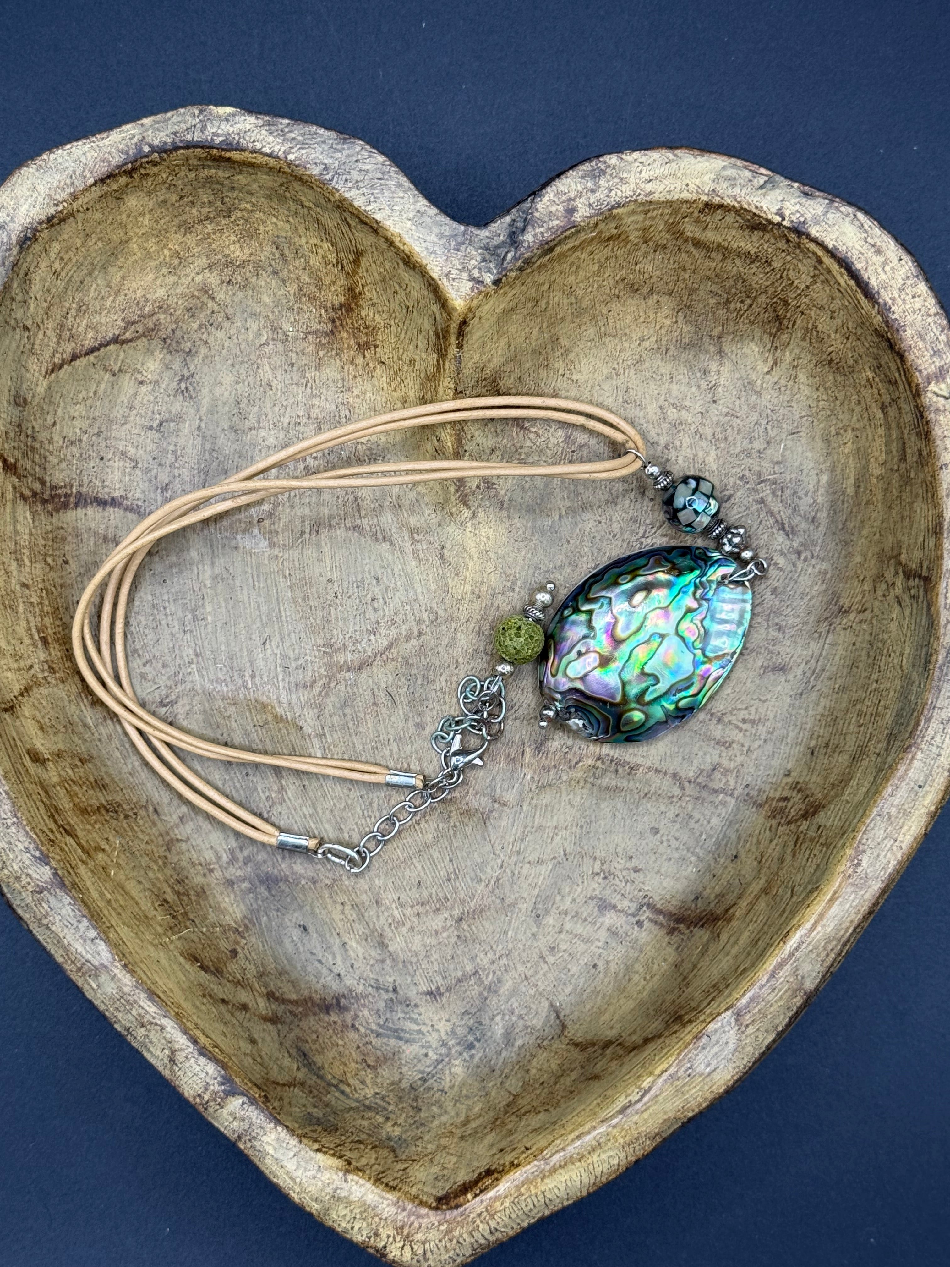 Natural Abalone Shell Pendant Necklace with Tan Leather Cord