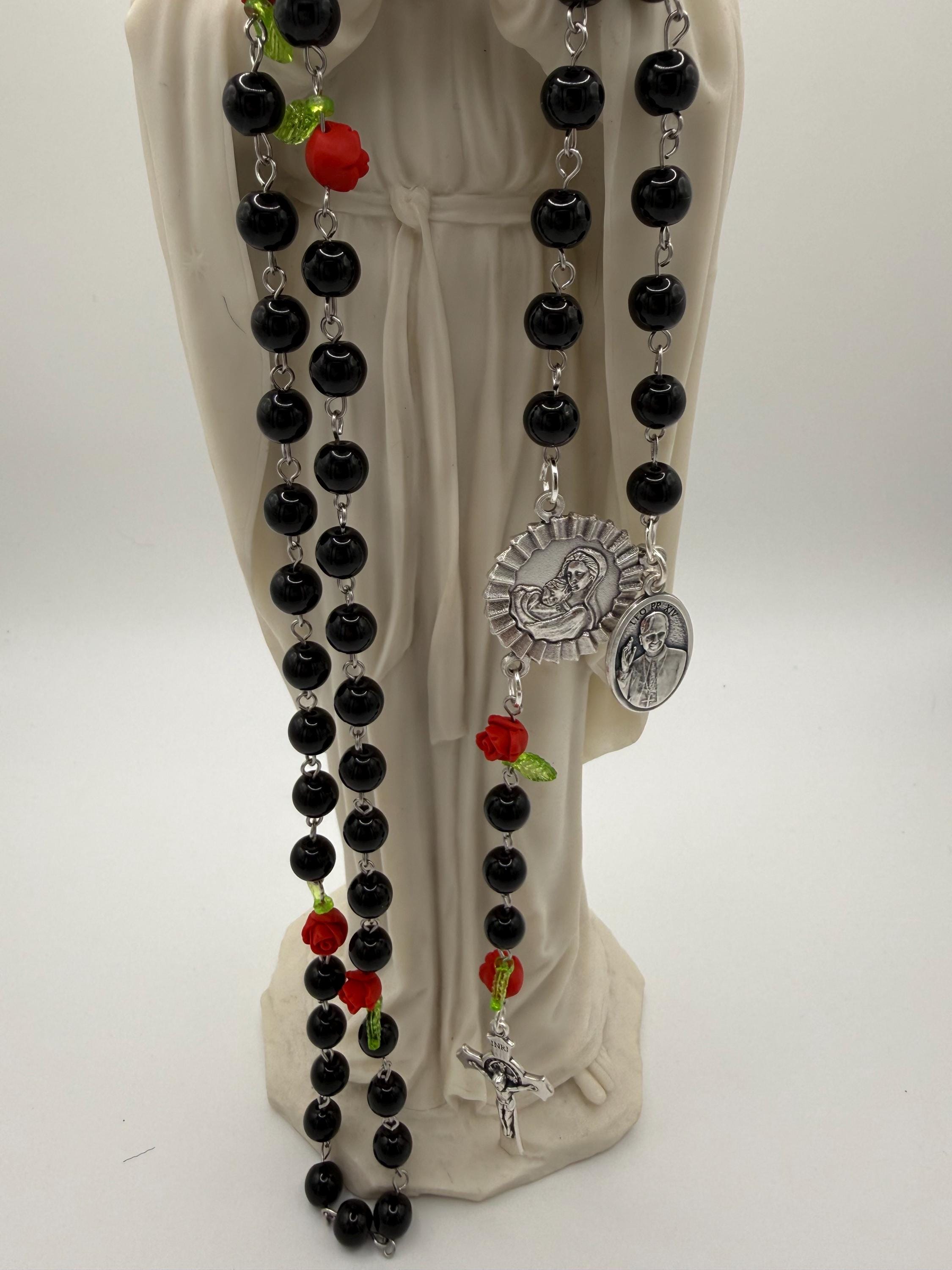 Black Rosary, Red Rose Accents, Madonna & Child, St. Pope Leo Medal