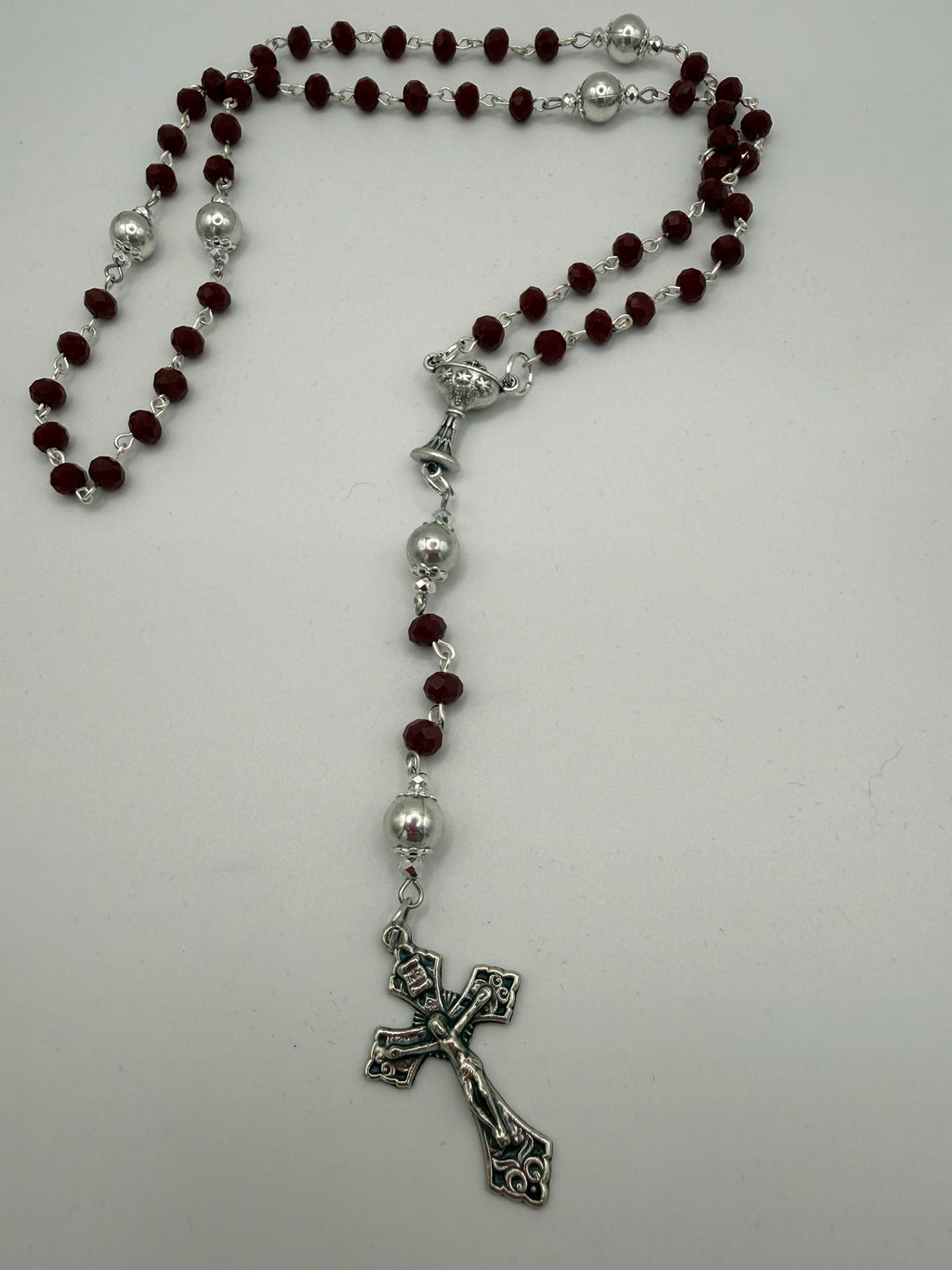 Deep Red Crystal First Communion Rosary – Chalice Centerpiece, Pardon Crucifix