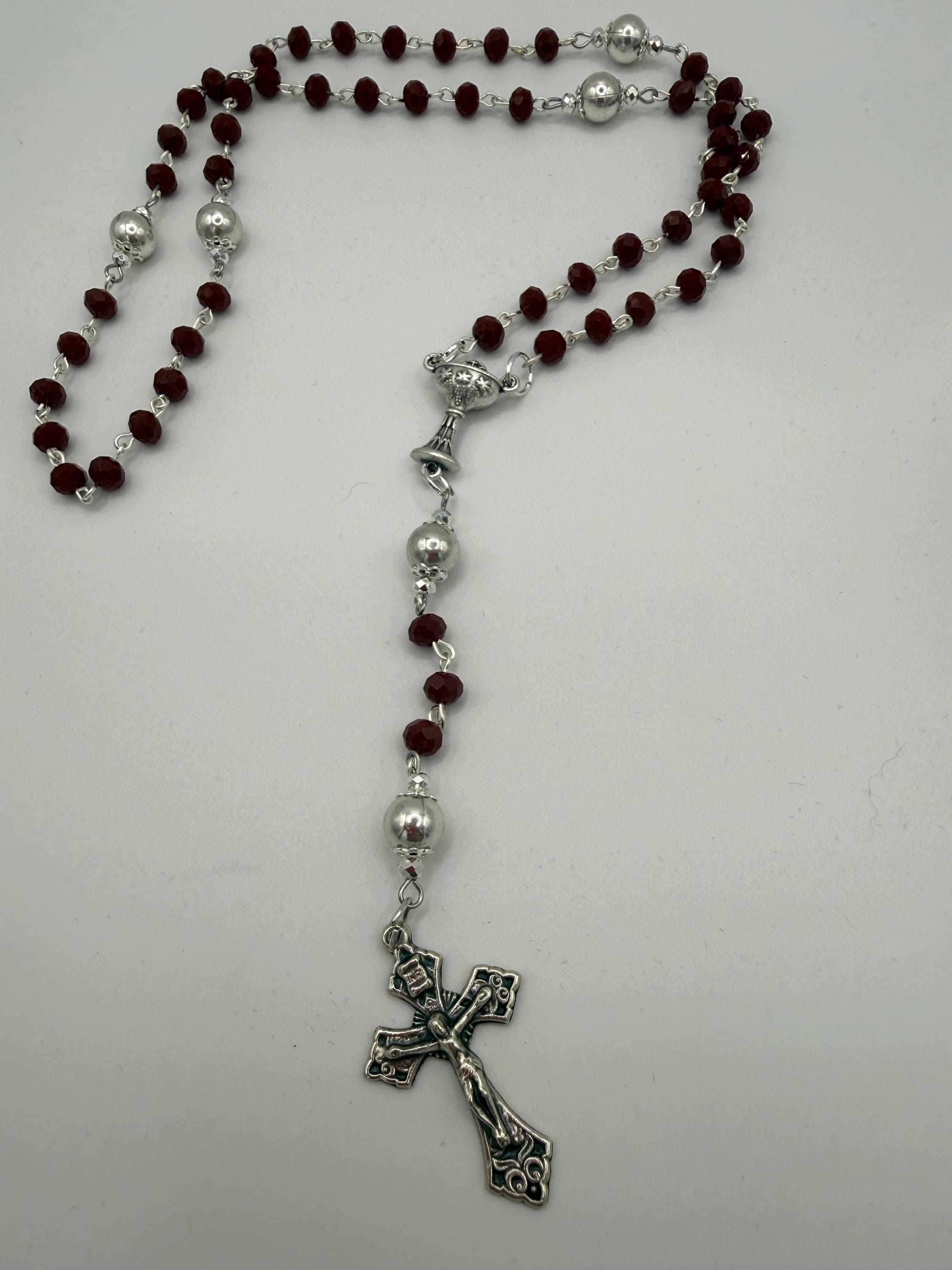 Deep Red Crystal First Communion Rosary – Chalice Centerpiece, Pardon Crucifix