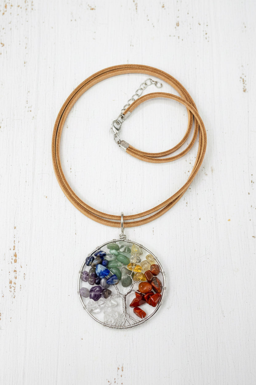 Chakra Tree of Life Pendant Necklace, Wire Wrapped Rainbow Crystal Chip Pendant on Tan Suede Cord, Boho Chic Spiritual Gemstone Jewelry