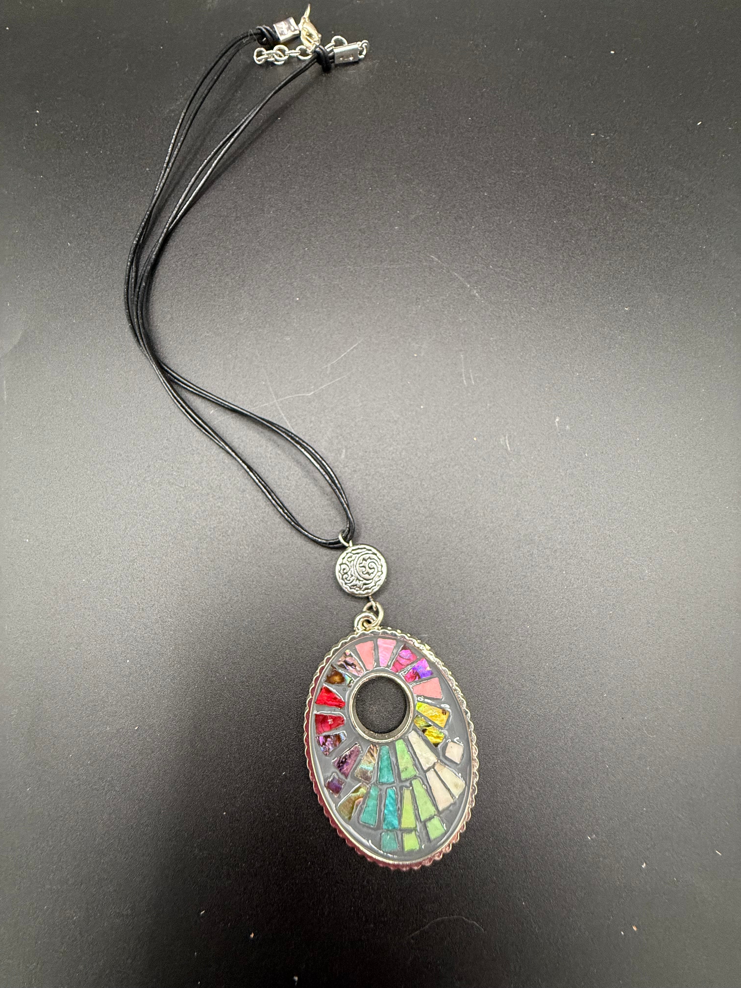 Colorful Mosaic Pendant Necklace, Rainbow Stained Glass Style Choker, Multi Strand Black Cord