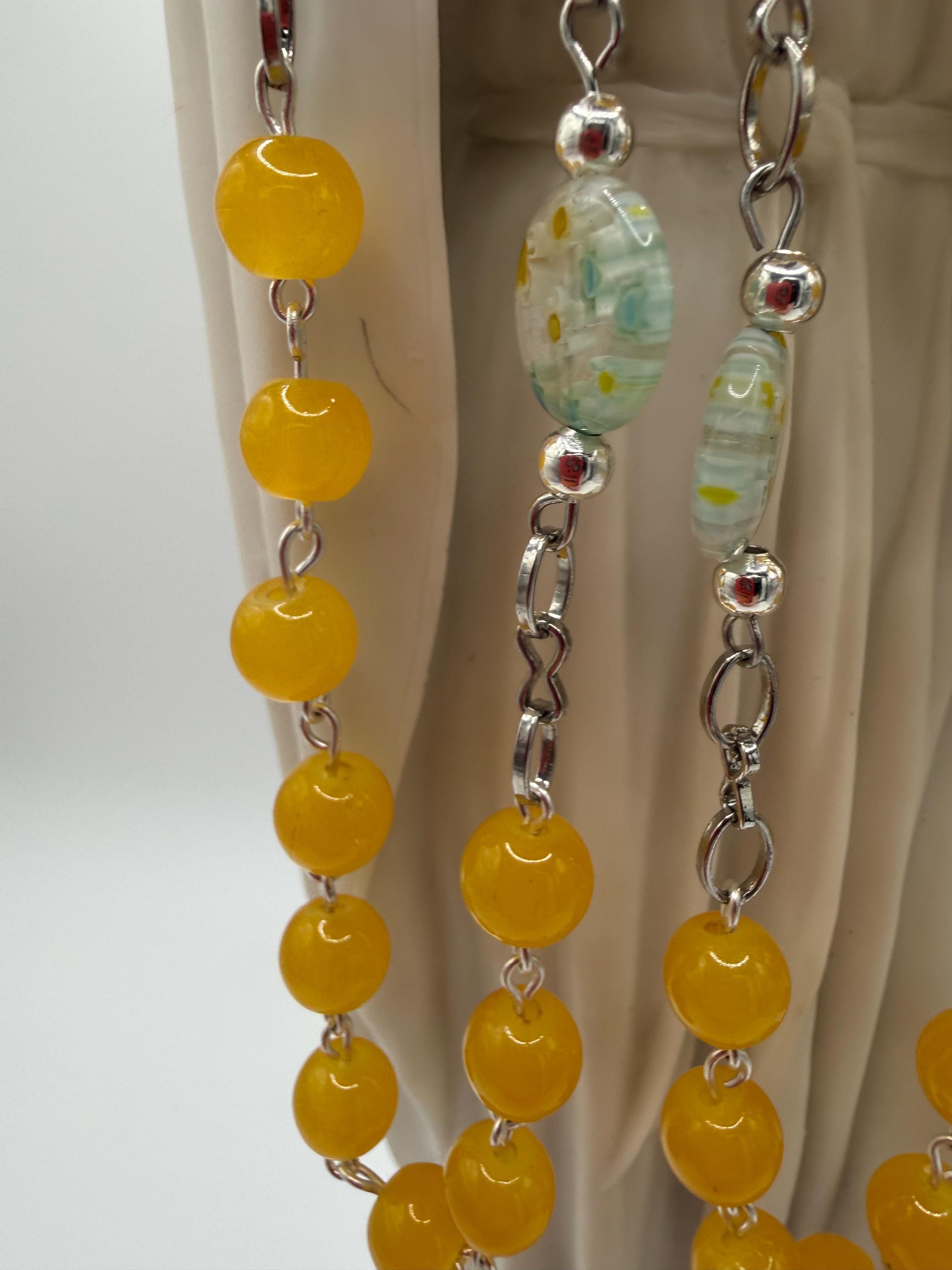 Yellow and White Floral Rosary with Mother Mary Centerpiece