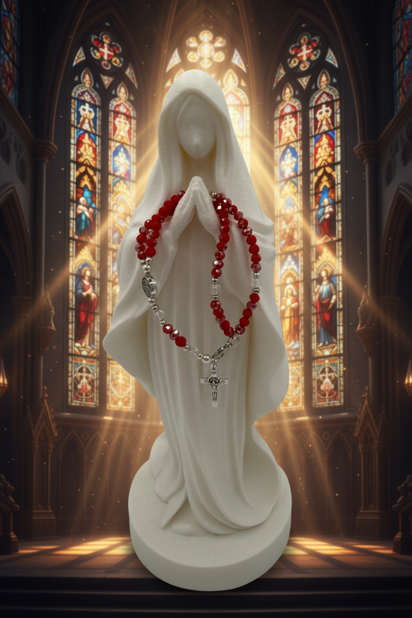 Red Crystal Rosary Bracelet – Miraculous Medal & Silver Crucifix | Handmade Catholic Gift