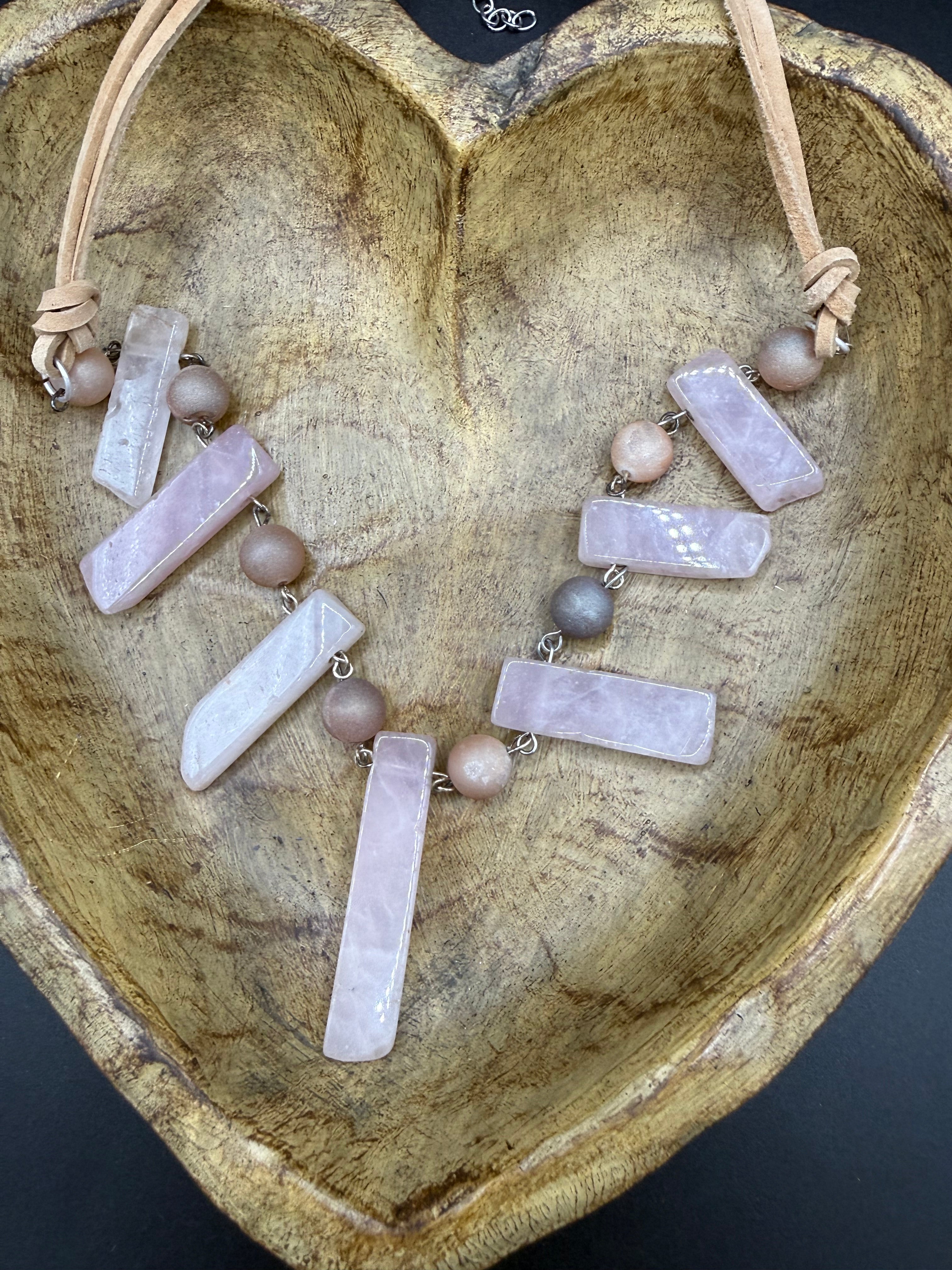 Rose Quartz Bib Necklace | Natural Stone Slab Statement Necklace | Boho Crystal Jewelry