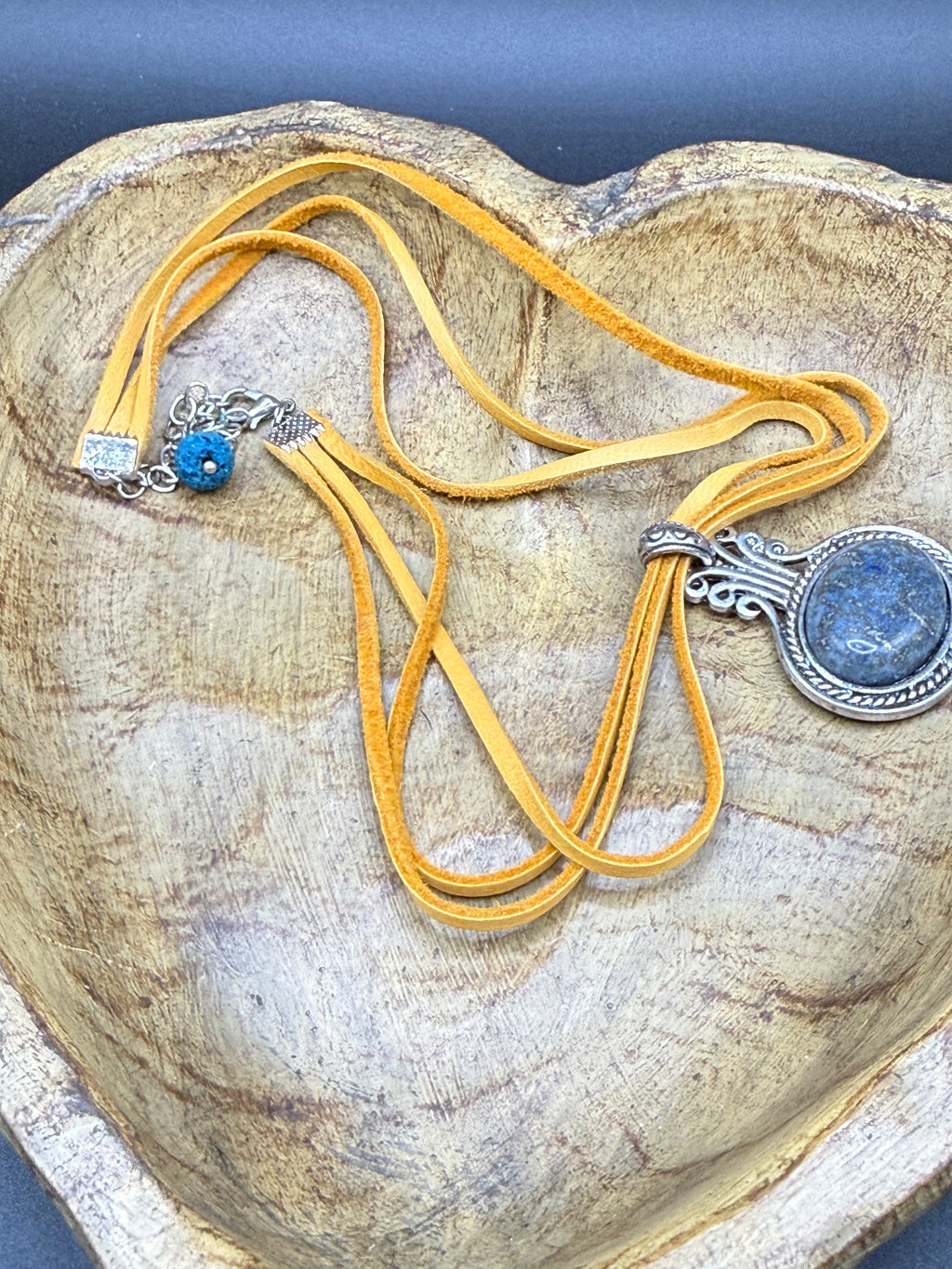 Boho Lapis Lazuli Oval Pendant Necklace, Ornate Silver Framed Blue Gemstone Charm, Double Strand Yellow-Ochre Suede Cord, Tribal Artisan Statement Jewelry
