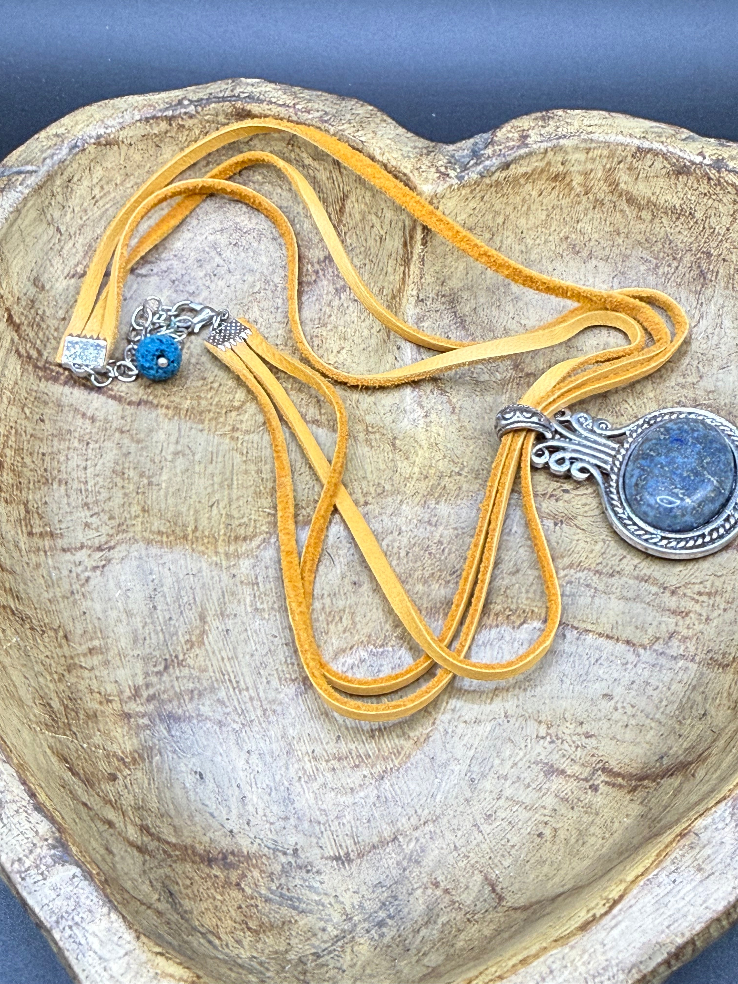 Boho Lapis Lazuli Oval Pendant Necklace, Ornate Silver Framed Blue Gemstone Charm, Double Strand Yellow-Ochre Suede Cord, Tribal Artisan Statement Jewelry