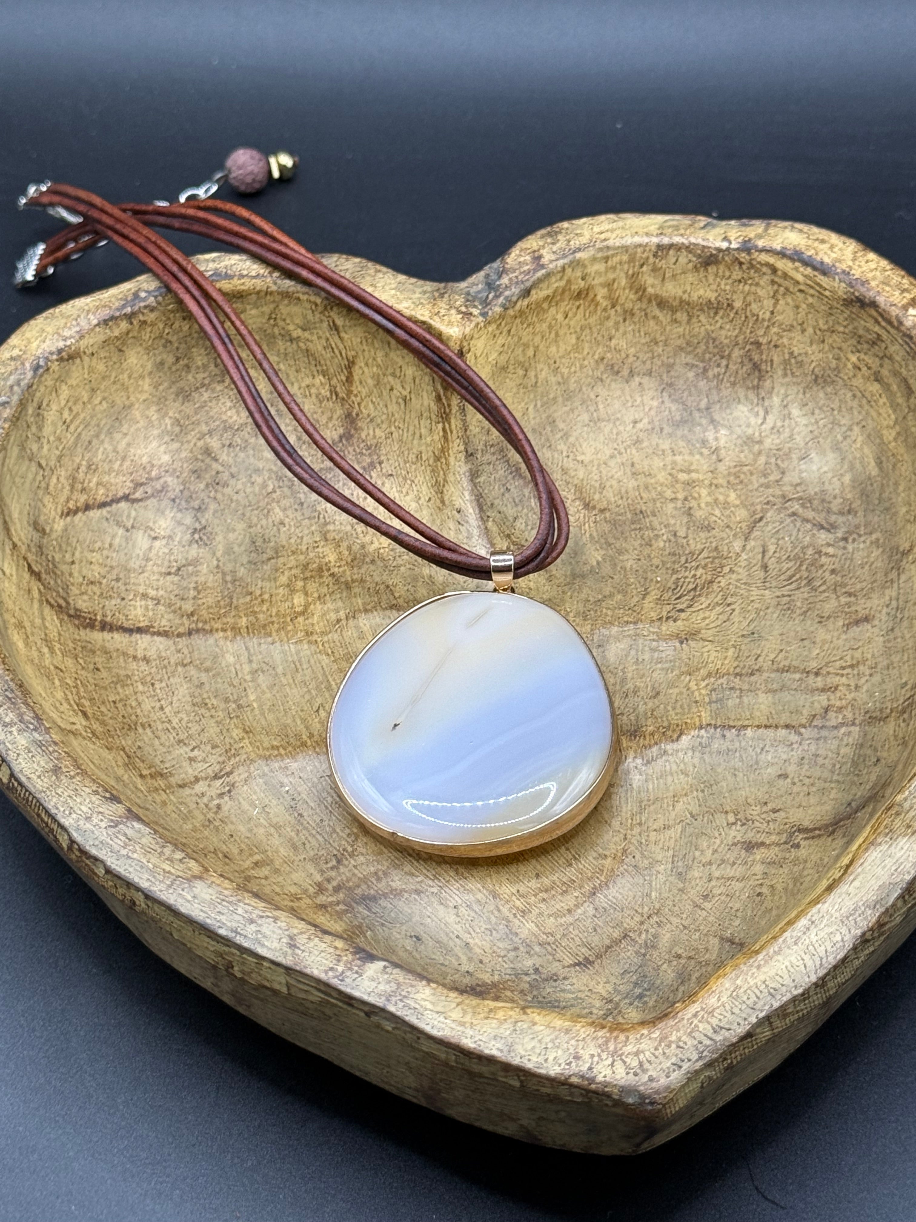 Natural Agate Slice Pendant Necklace | Gold Edged Polished Gemstone | Multi-Strand Brown Leather Cord | Boho Statement Jewelry Gift