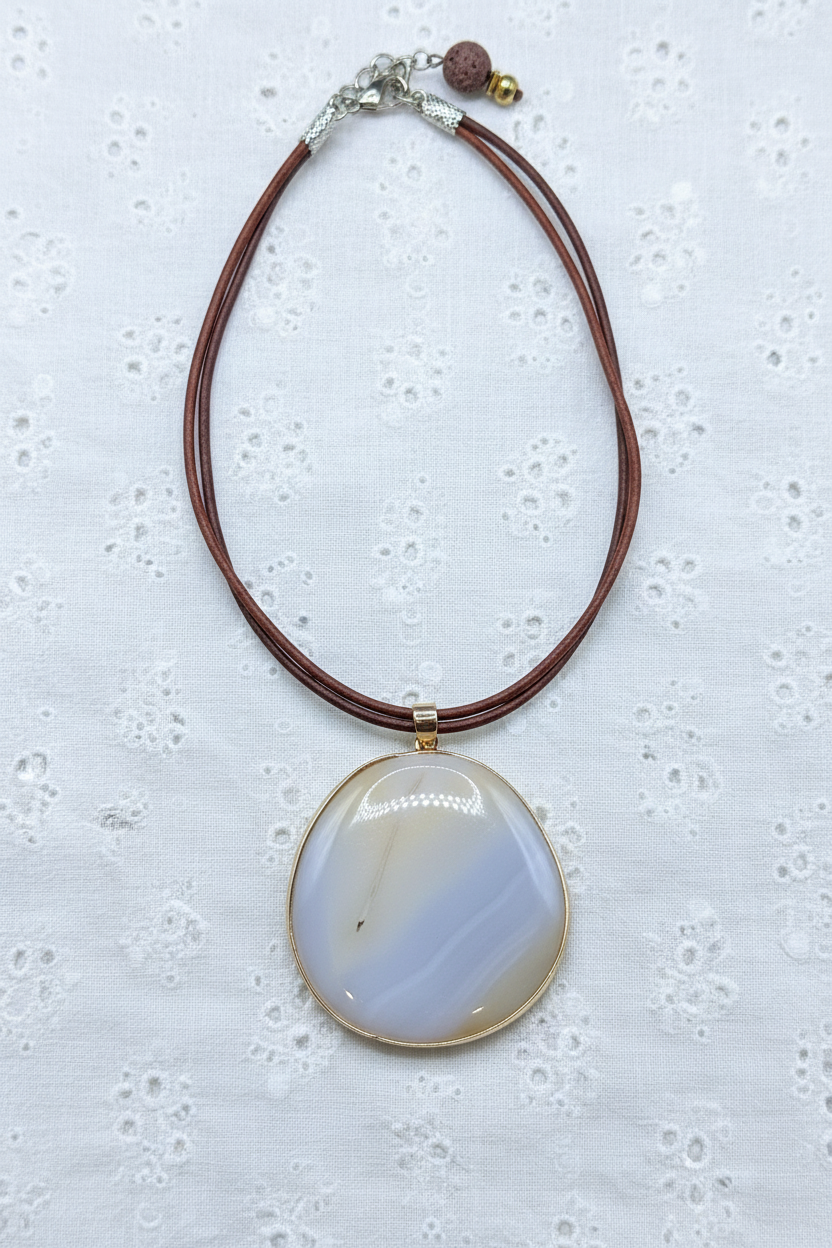 Natural Agate Slice Pendant Necklace | Gold Edged Polished Gemstone | Multi-Strand Brown Leather Cord | Boho Statement Jewelry Gift