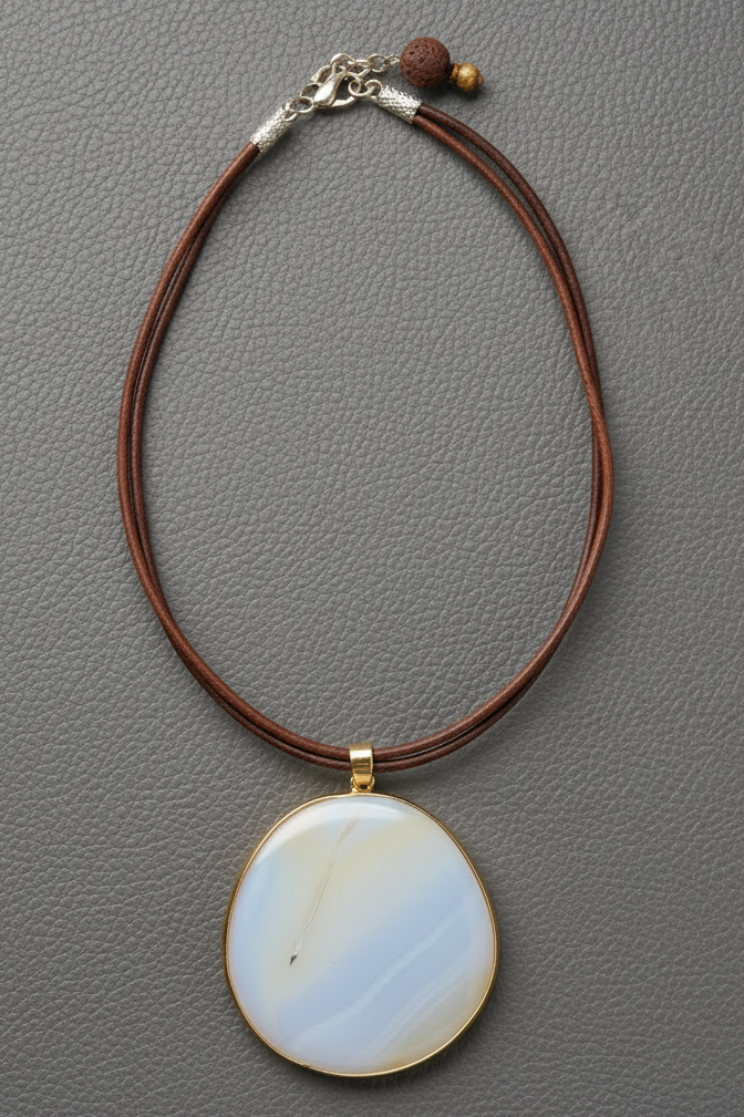 Natural Agate Slice Pendant Necklace | Gold Edged Polished Gemstone | Multi-Strand Brown Leather Cord | Boho Statement Jewelry Gift