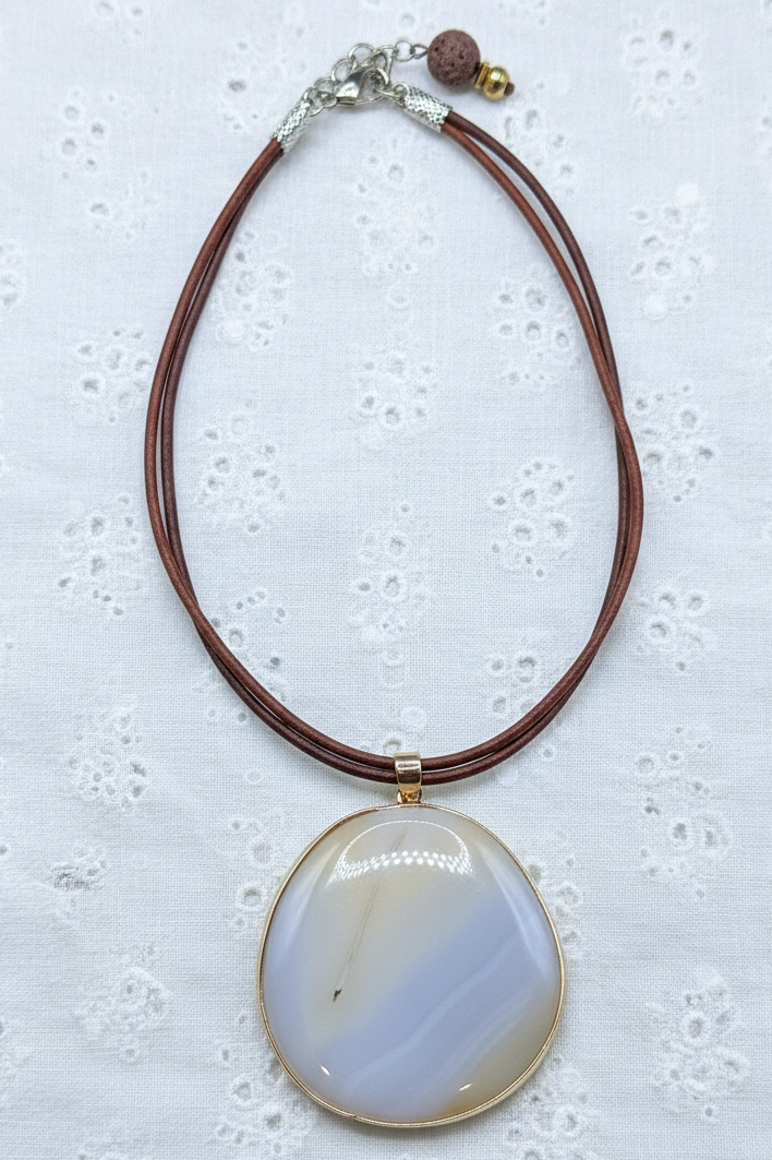 Natural Agate Slice Pendant Necklace | Gold Edged Polished Gemstone | Multi-Strand Brown Leather Cord | Boho Statement Jewelry Gift