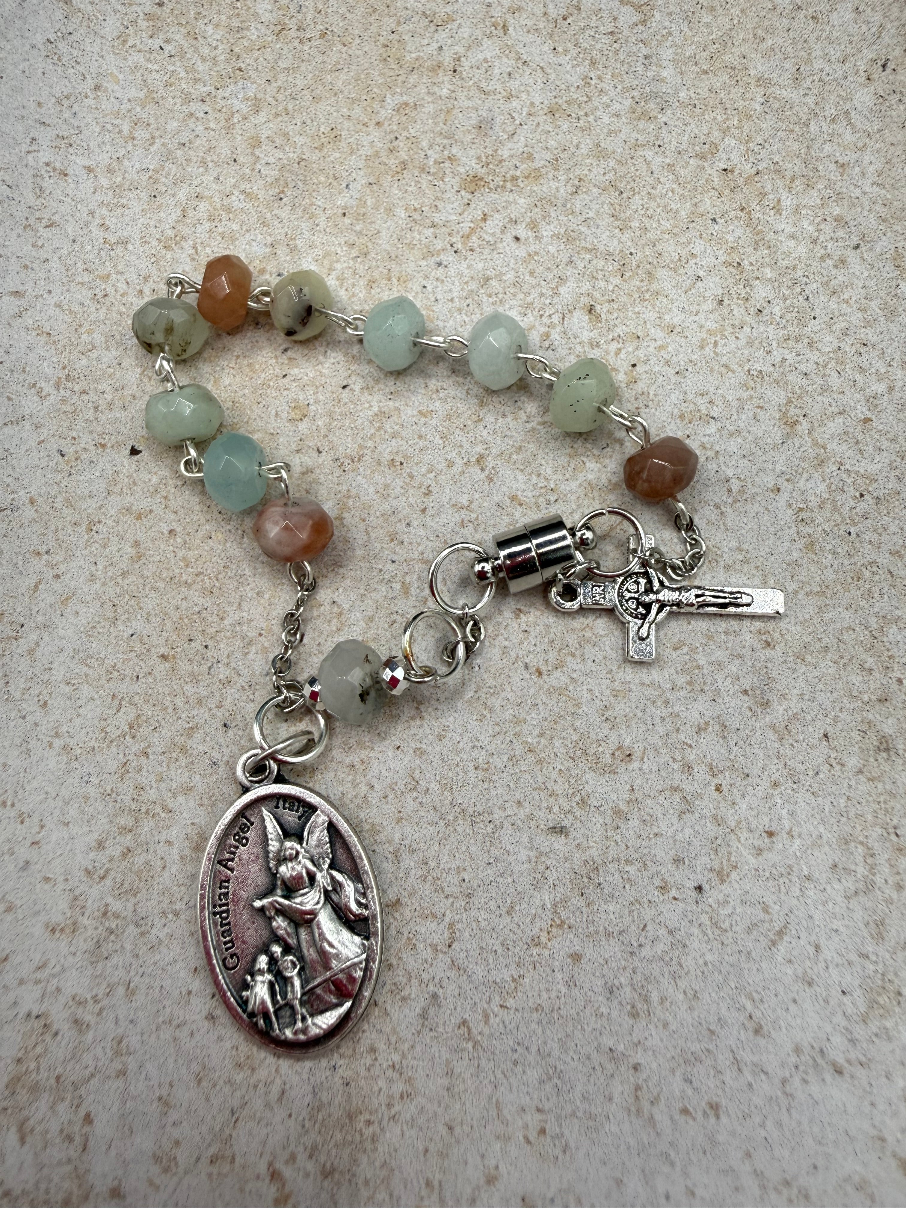 Handmade Catholic Rosary Bracelet, Gemstone Beaded One Decade Rosary, Religious Protection Jewelry with Crucifix Charm, Magnetic Clasp, First Communion Gift